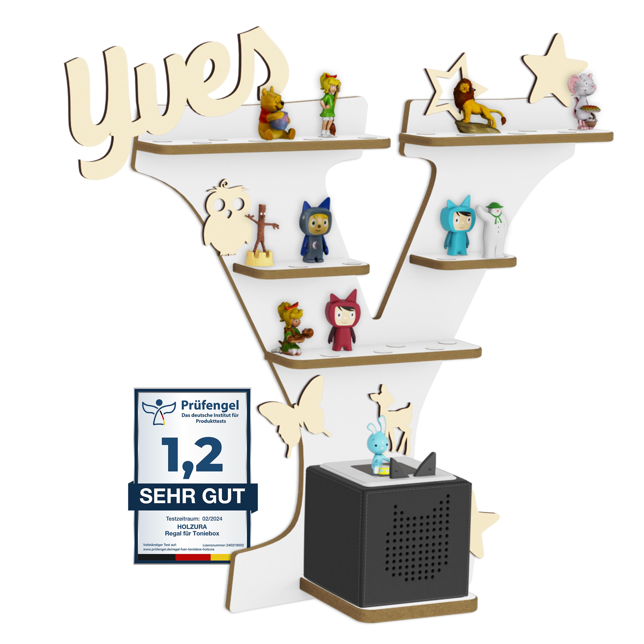 Holzura Tonie Regal für Toniebox, Toniebox Regal personalisiert mit Name und Holzsymbolen, Tonie Aufbewahrung (Buchstabe Y)