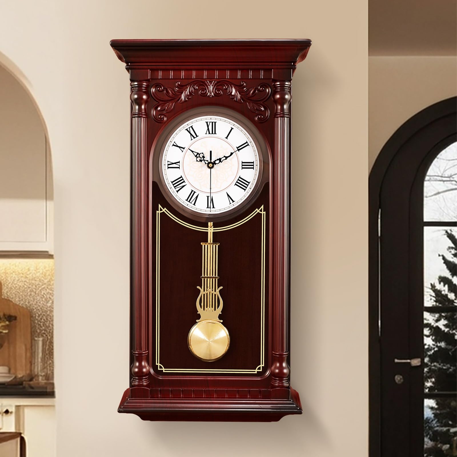 VNVFJKLO vintagewall clock, Imitation Grandfather Wood Wall Clock With Chime and Swinging Pendulum - 26in Traditional Silent Timepiece