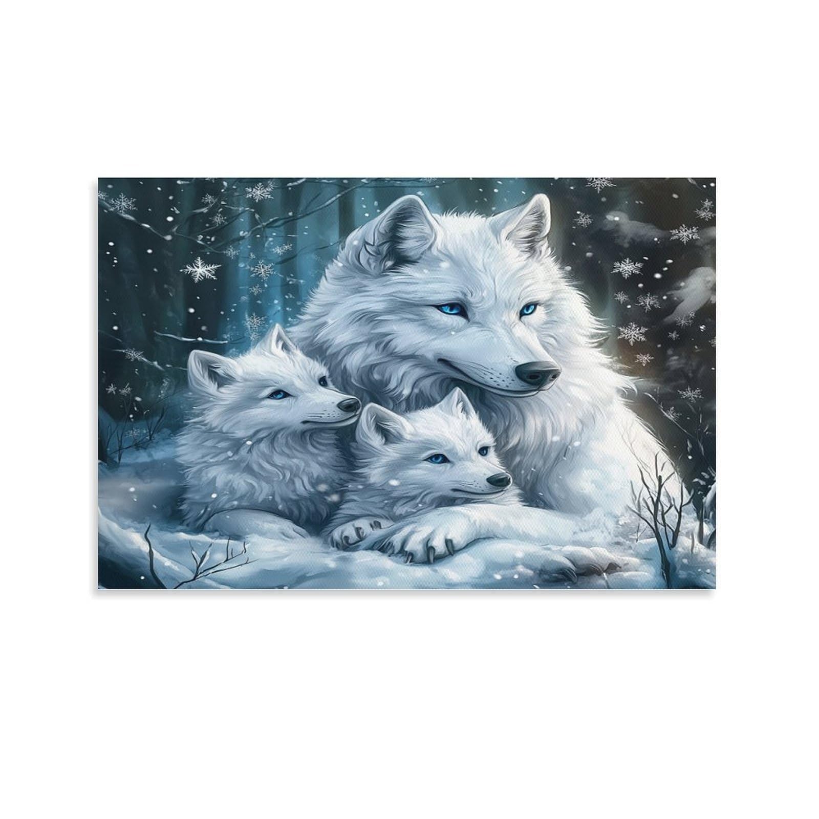 CPLVKWRQJ Snowy Wolf Family Individual White Wolf Cubs Cuddle Parent Snowy Woodland Canvas Print - Bedroom Canvas Painting Easy to Clean Statement Piece Decor 24x36inch(60x90cm)