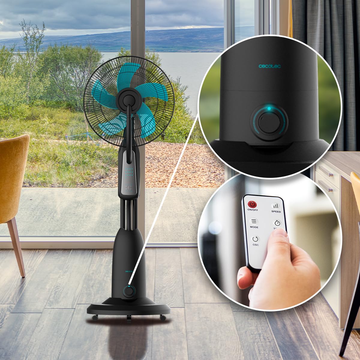 Cecotec - Ventilateur Nébuliseur EnergySilence 490 Freshessence - 90 W, Diamètre 40 cm, Capacité de 2,8 L, Oscillation Automatique et Télécommande, 3 Vitesses et 3 Modes, Minuterie Programmable
