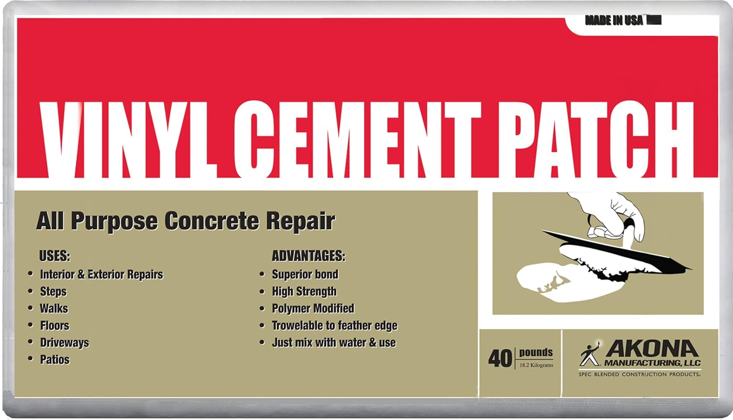 Akona Vinyl Cement Patch - Repair and Patch Concrete Surfaces, Fast-Drying, Ready-to-Use (25 Pound, 1)