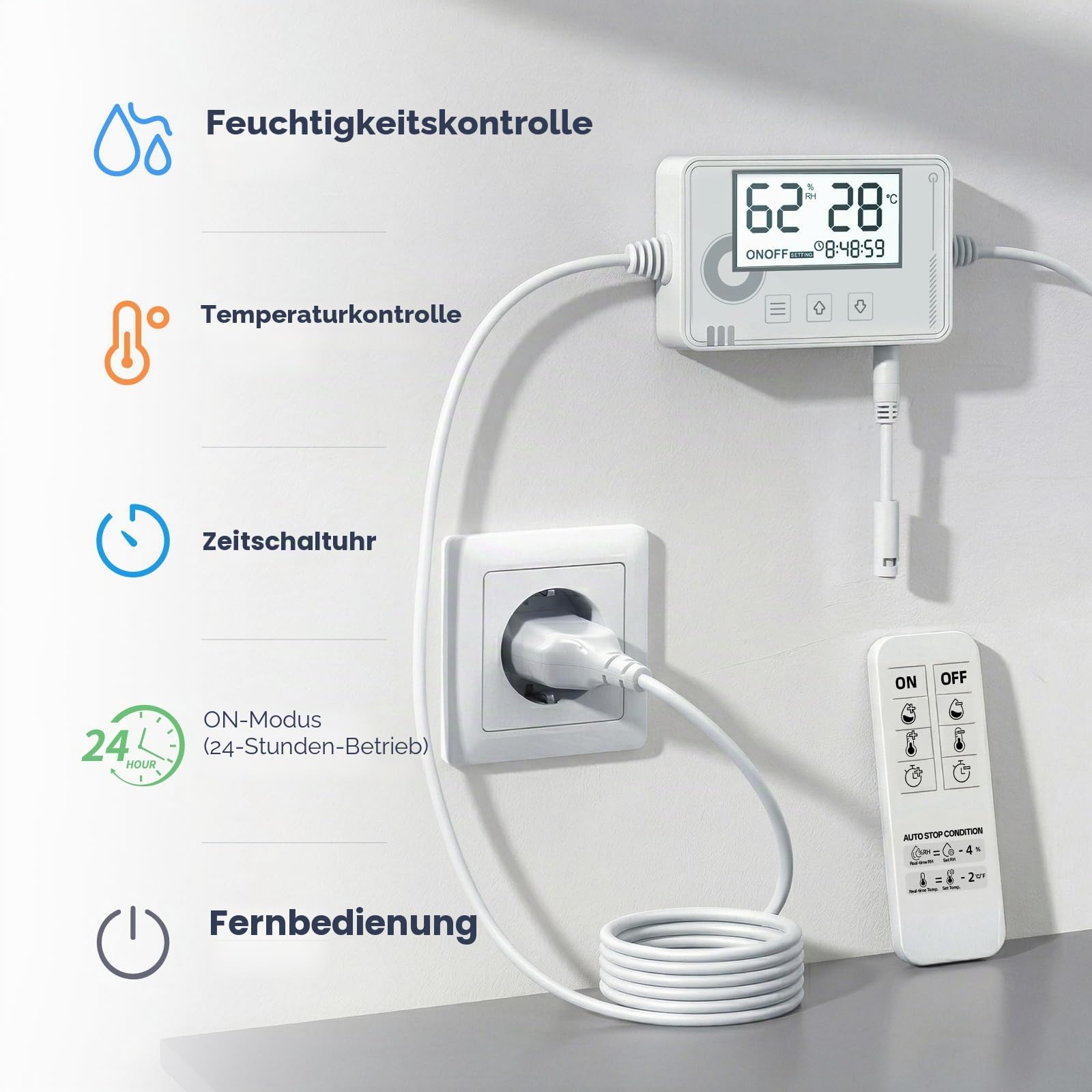 Hygrostat mit Temperaturregelung, Timer und 24h Modus, mit Fernbedienung, automatische Steuerung von Ventilatoren/Abluftventilatoren für Bad, Keller, Gewächshaus (bis 100W, 220–240V)
