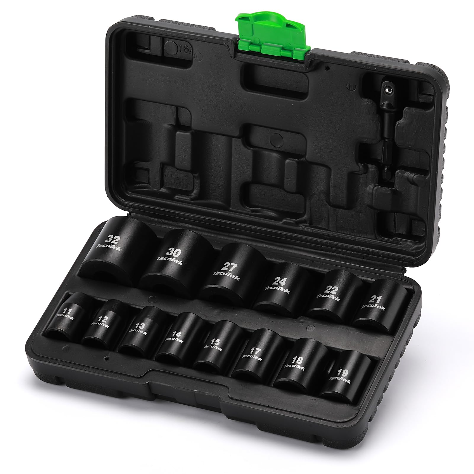 TecoTek Juego de 15 llaves de vaso de impacto métricas de 12 puntos de 1/2 pulgada, Cr-V, 11 mm a 32 mm, adaptador de enchufe de taladro de 1/2 pulgada, Herramientas