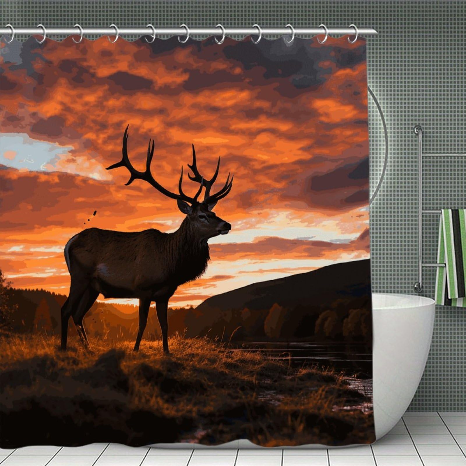 Khauerbc Style Red Deer Bull Elk Sunset Bathroom Decorative Thick Shower Curtain With Hook Decoration 300G Luxury Weighted Polyester Cloth Bath Curtain,A Classic Waterproof Curtain Made Of Washable Material,70.8X70.