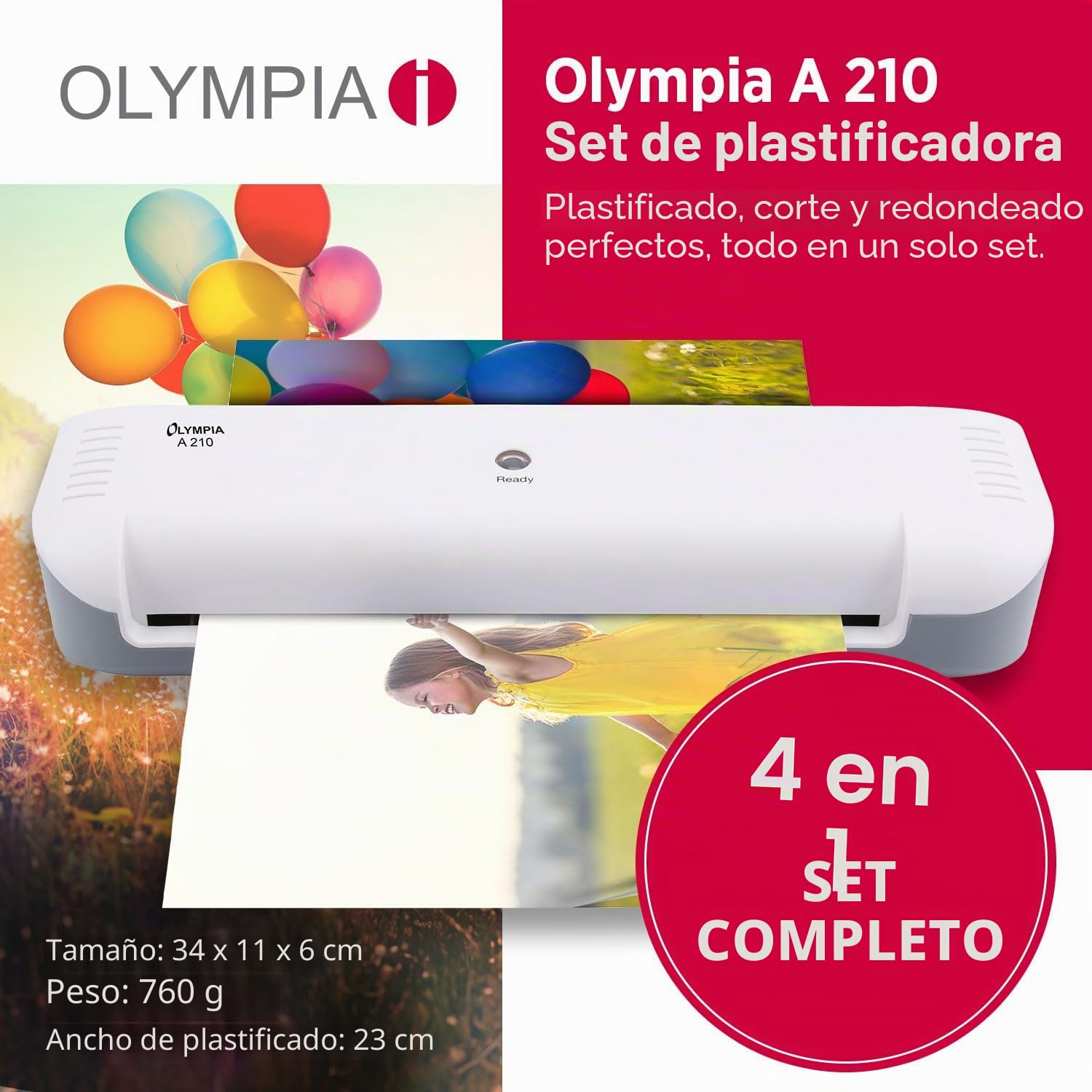 Olympia A210 Plastificadora 4 en 1 A4 | Juego de Laminación A4 | Laminadora | Calefacción Rápida | Laminadora, Cortadora de Papel y Redondeadora de Esquinas | Ideal para Oficina, Escuela y Hogar |