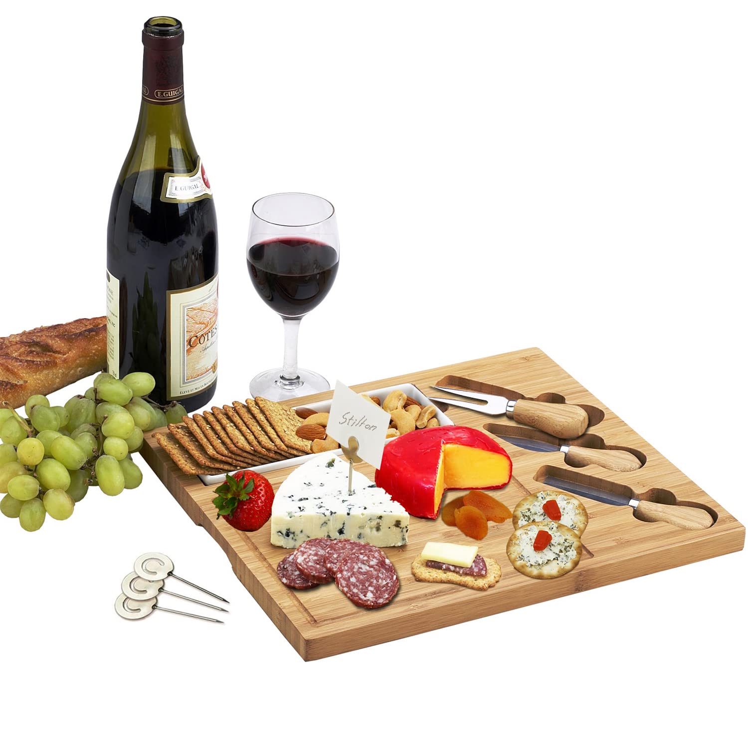 Personalized Engraved Bamboo Cutting Board for Cheese & Charcuterie with Ceramic Dish, Knife Set & Cheese Markers -Designed & Quality Checked by Picnic at Ascot USA