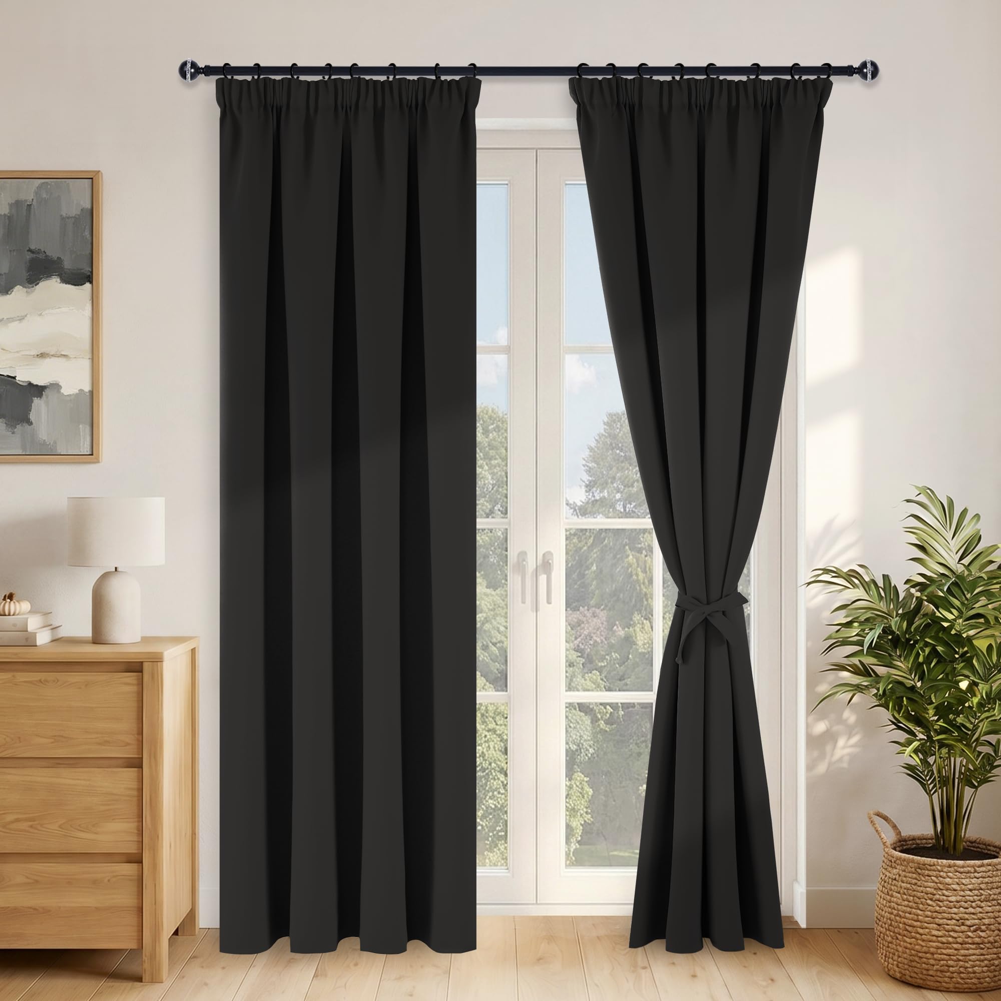 Hiasan Gardinen Verdunkelungsgardinen, Schwarz 245x140 cm(H x B), 2er Set | Thermogardinen und Kälteschutz mit Kräuselband, blickdichte Vorhänge für Wohnzimmer und Schlafzimmer inklusive Krawatten