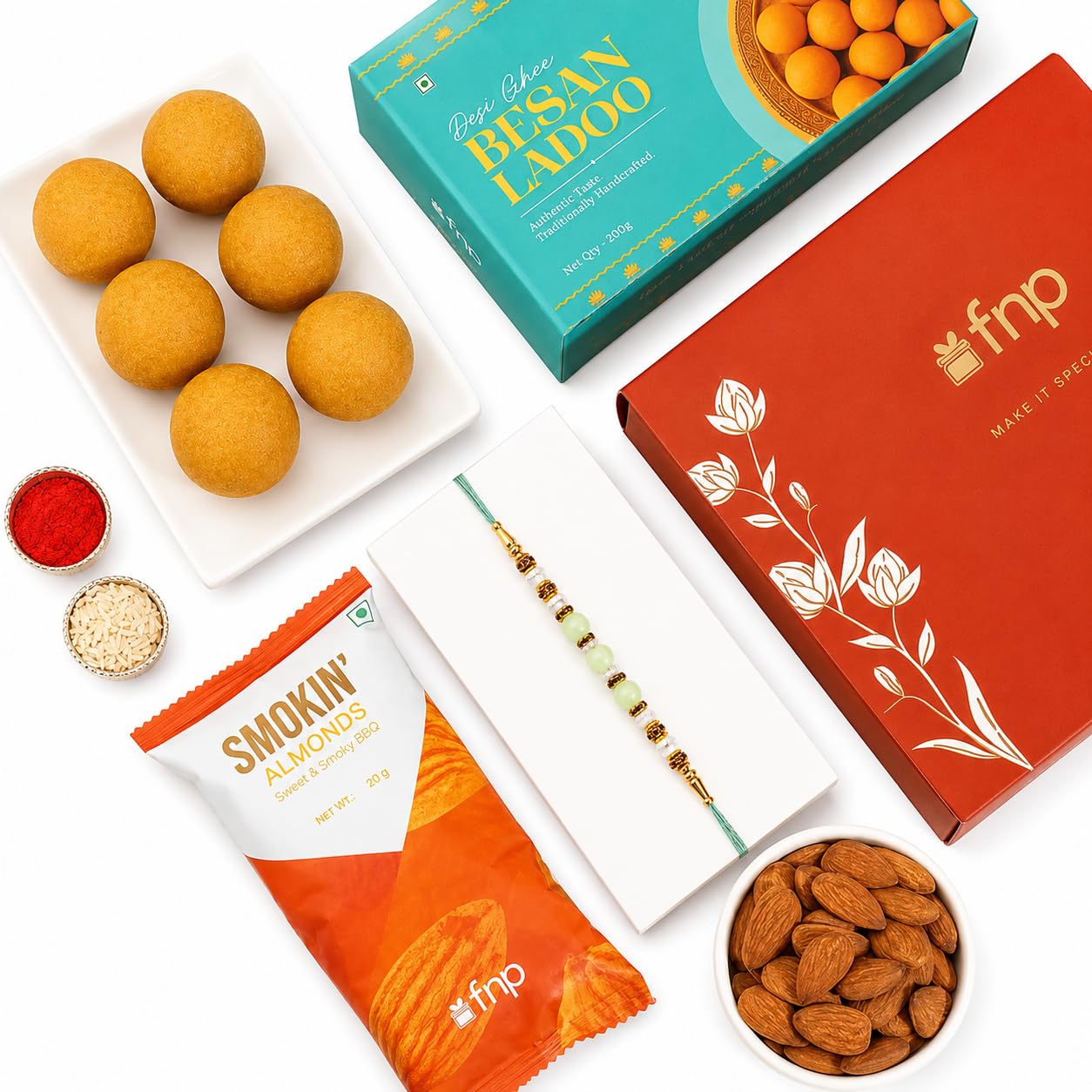 fnp Premium Rakhi Gift Hamper with Designer Rakhi, Besan Ladoo 200g & Smokin' Almonds | Raksha Bandhan Gift Box for Brother/Bhai-image-13