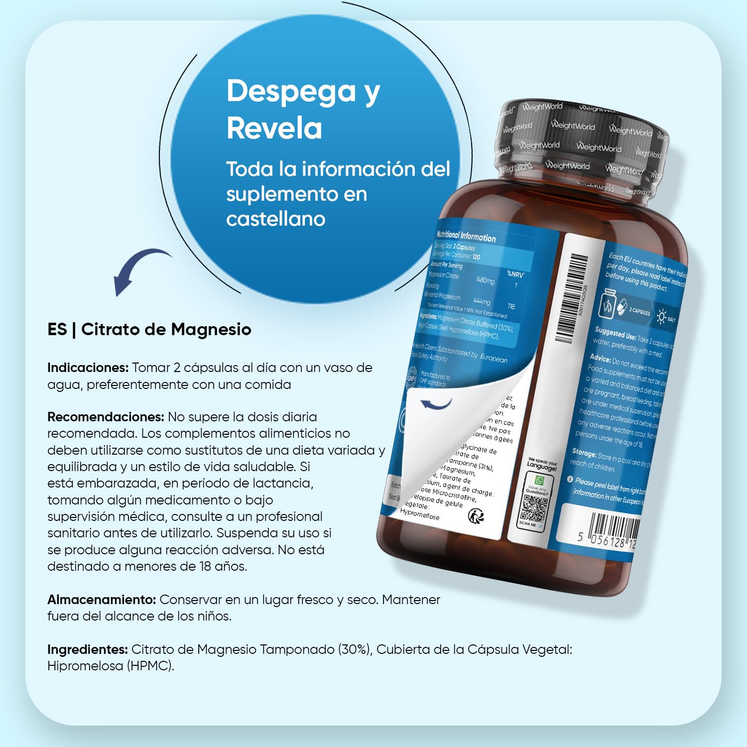 Citrato de Magnesio 240 Cápsulas Veganas - 444mg de Magnesio Puro provenientes de 1480mg del Citrato, Para 4 Meses, Contribuye a la Reducción del Cansancio y la Fatiga (EFSA), Sin Gluten ni OGM