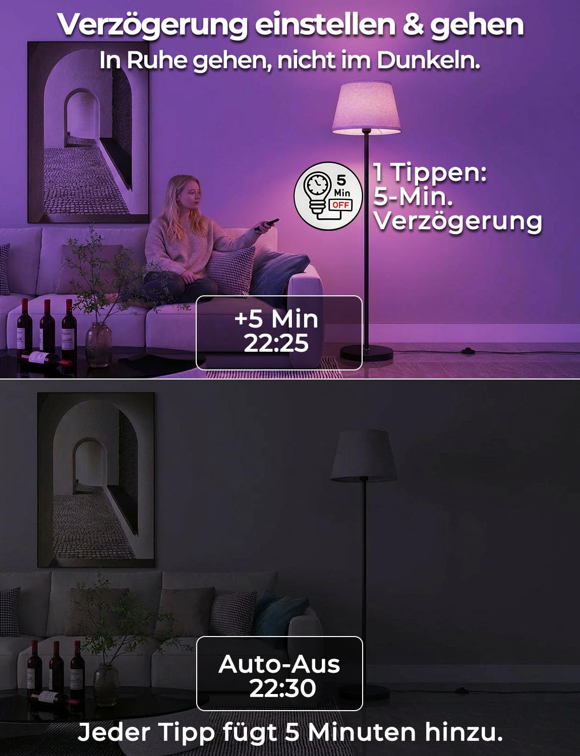 Stehlampe Wohnzimmer Dimmbar RGBDW mit Fernbedienung und Fußschalter, 9 Farben + 6 Dynamische Modi, 152cm Moderne Stehlampe mit 10W 1200LM LED Glühbirne, CRI92, Zeitschaltuhr, für Schlafzimmer & Büro