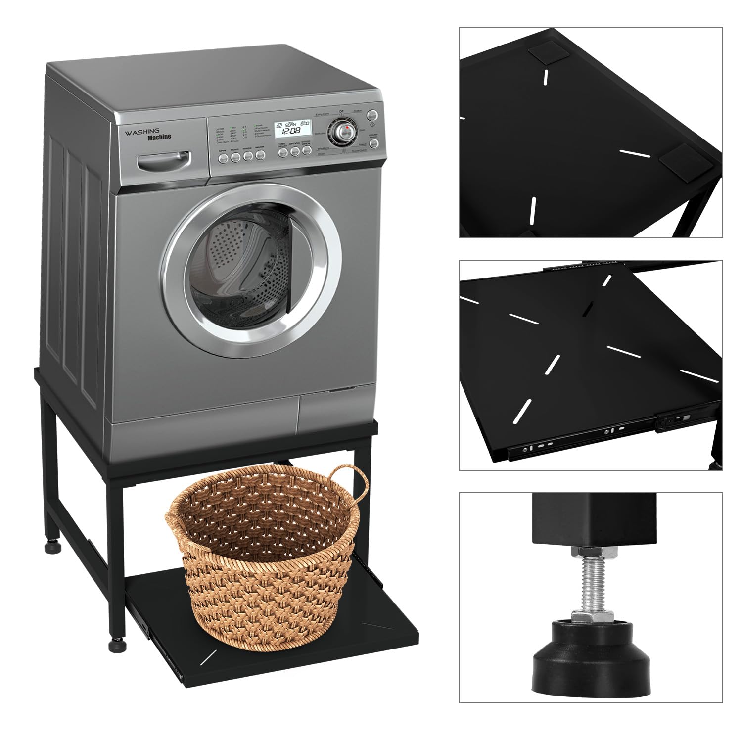Herrselsam Soporte para lavadora con cajón, 45,5 cm de altura, capacidad de carga de 200 kg, soporte con patas ajustables y almohadillas antivibraciones, pedestal para secadora, frigorífico, lavadora