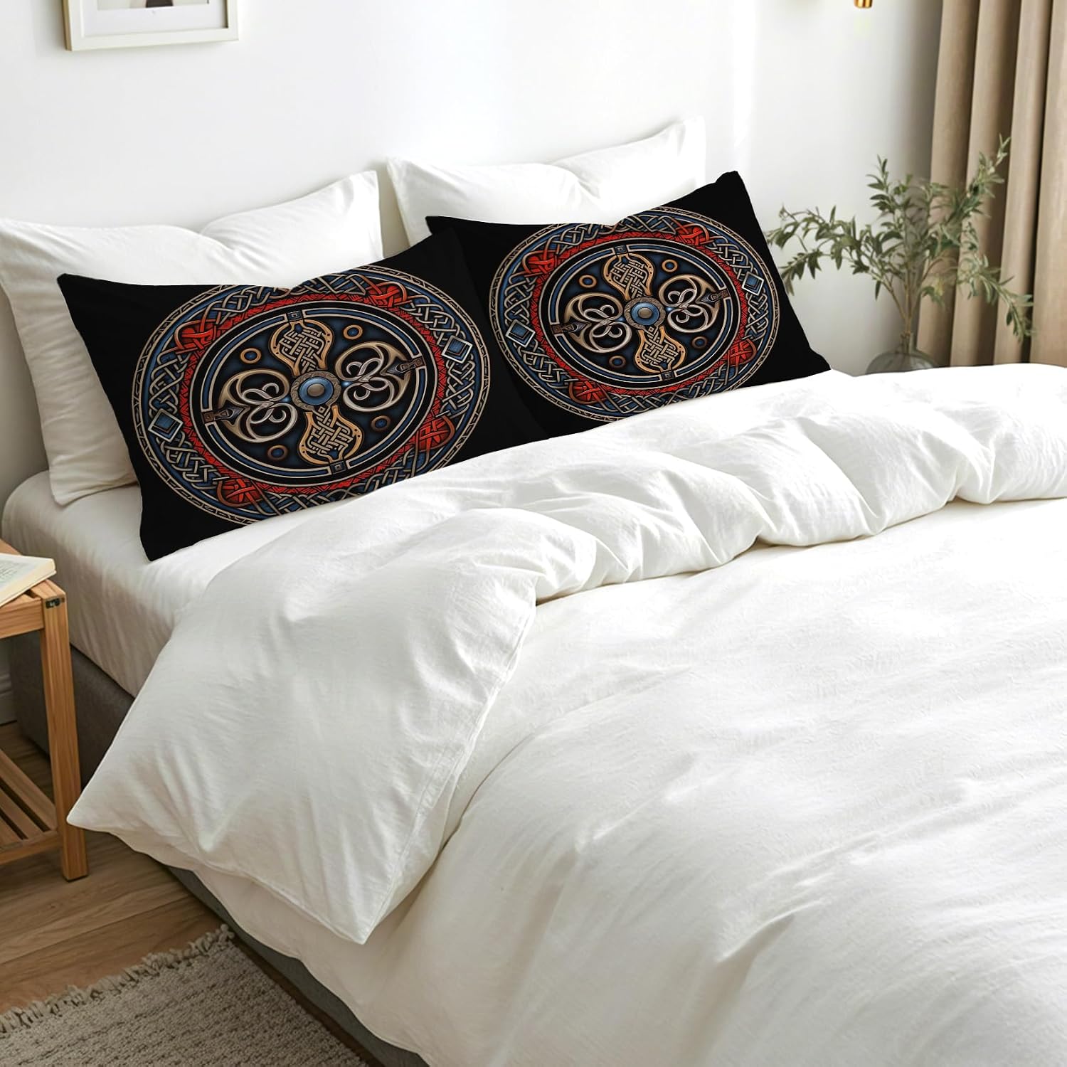 Viking Pillow Cases Queen Size Set of 2 - Soft Breathable Microfiber Pillowcases with Envelope Closure, Nordic Mythology Magical Patterned Pillow Covers, Viking Decor