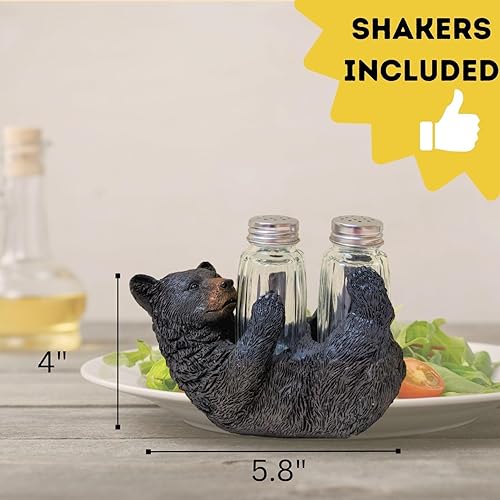 Miniatura 2 de Juego de saleros y pimenteros rústicos de oso negro en la parte posterior, accesorio decorativo de resina y vidrio para mesa de cocina, decoración