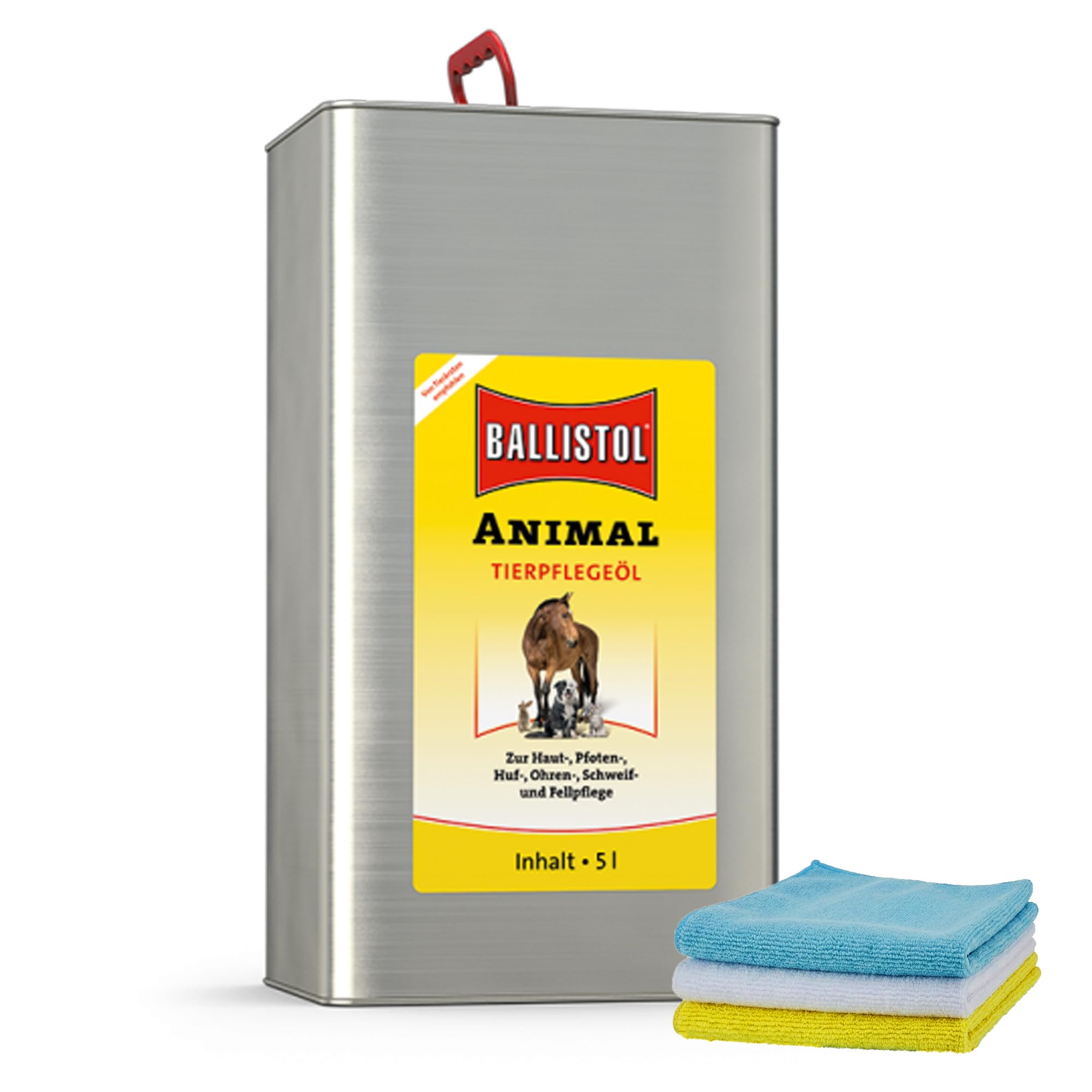 ELITE BBQ Ballistol Animal Tierpflegeöl 5 Liter Kanister + Mikrofaser-Reinigungstuch – Tierpflege-Set für Fell, Haut & Hufe – Von Tierärzten Empfohlen