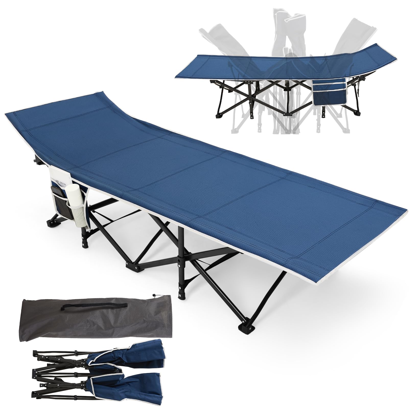 Warmiehomy Outdoor Single Camp Beds for Adults with Side Pocket, Lightweight Portable Tent Cot with Carry Bag, 600Lbs Load Capacity, Oversized Folding Sleeping Beds for Travel, Fishing, Hiking, Navy — image 1