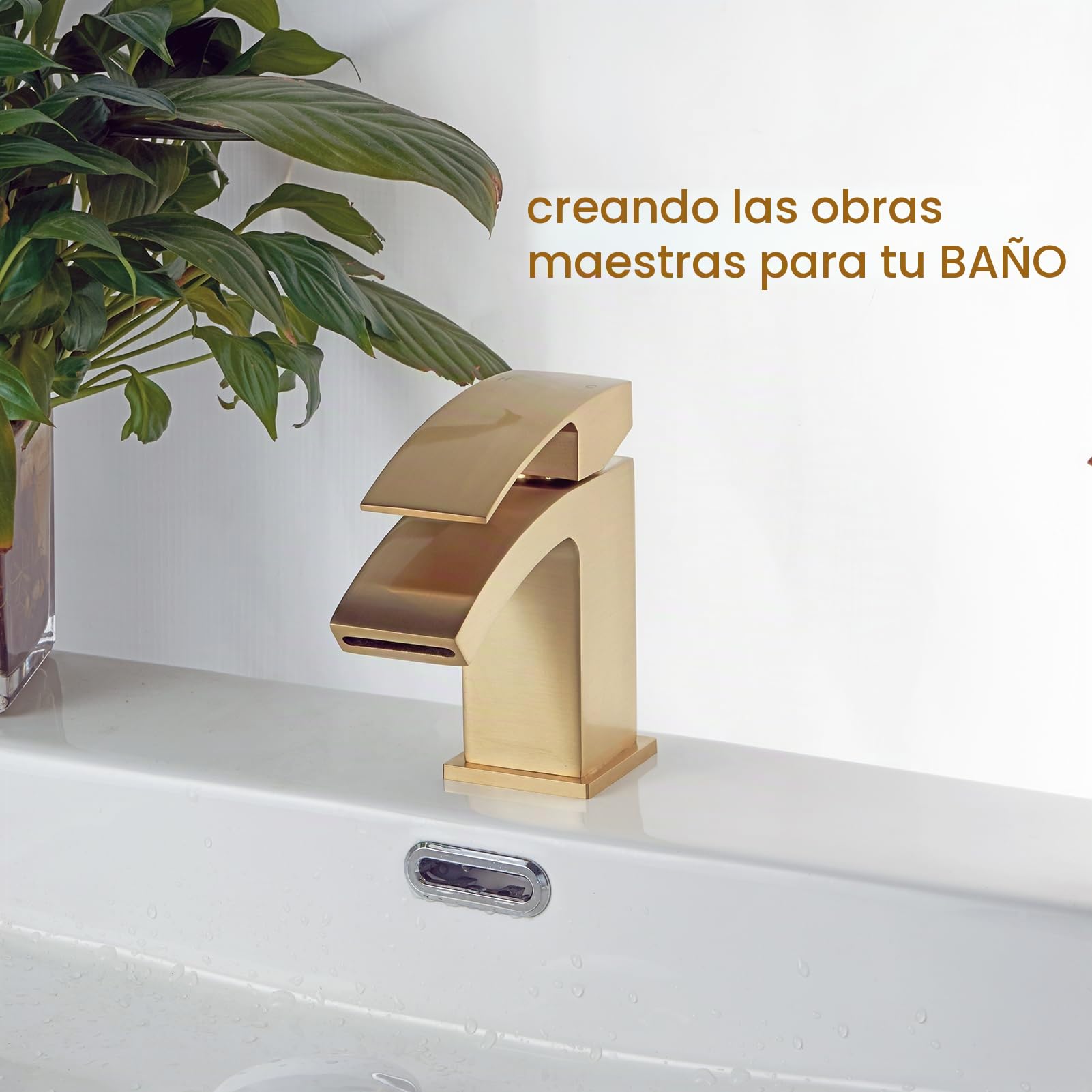 Grifos de lavabo de baño con desagüe, grifos cuadrados para lavabo con desagüe, grifos de baño monobloque de latón con tapón de fregadero 322NP (dorado, mediano)