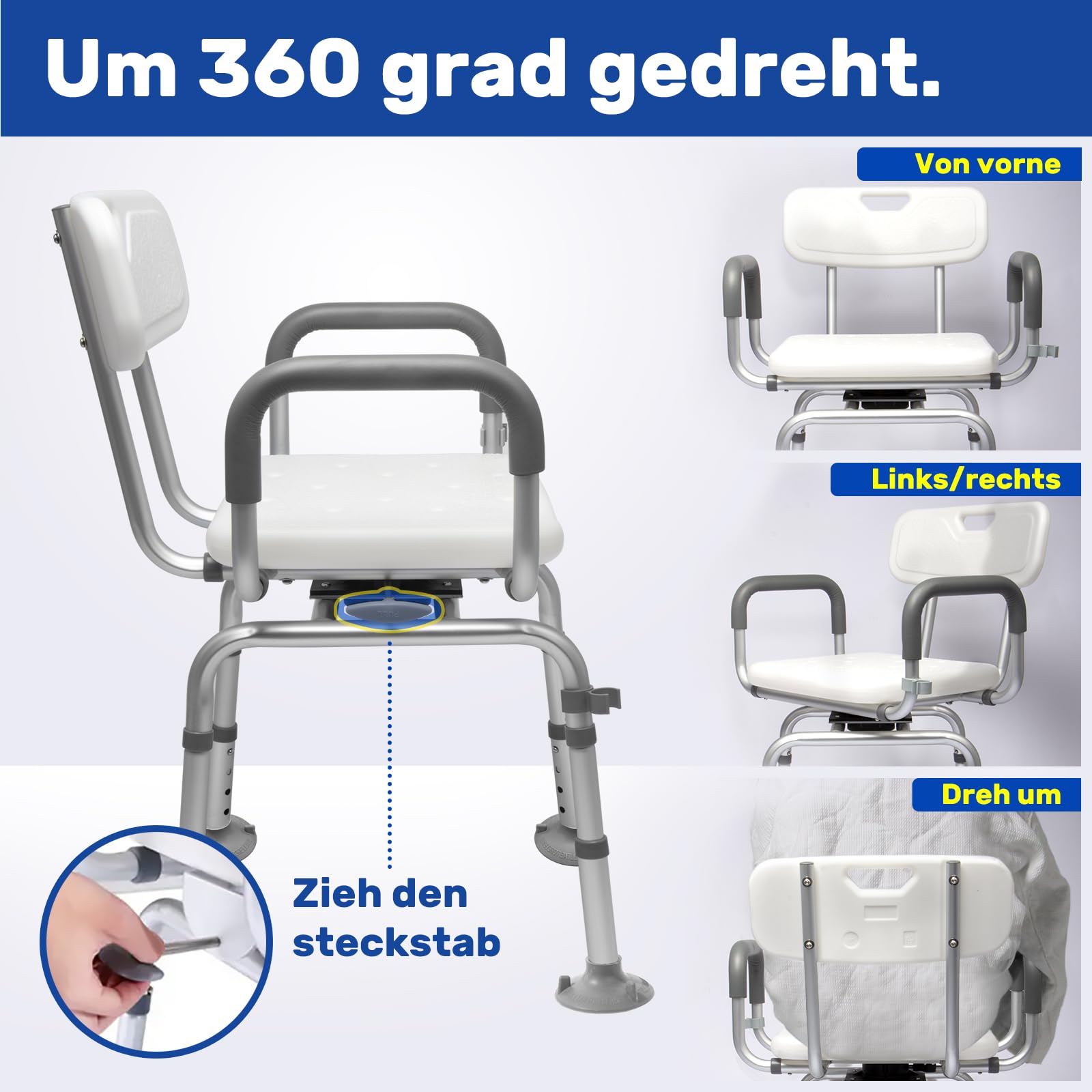 Silla de ducha giratoria de 360 ° con respaldo y reposabrazos, giratoria, resistente al frío, soporta hasta 154 kg, montaje sin herramientas, ideal para la ducha interior