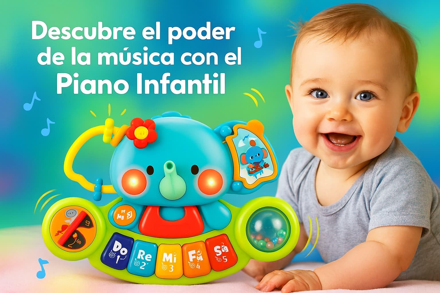 Hola - Piano Infantil de Juguete - con Luces y Sonidos Reales de Instrumentos Musicales - Juego Elefante Musical con Teclado y 7 Actividades - Juguete Sensorial y Educativo - Regalo Bebe +6 Meses