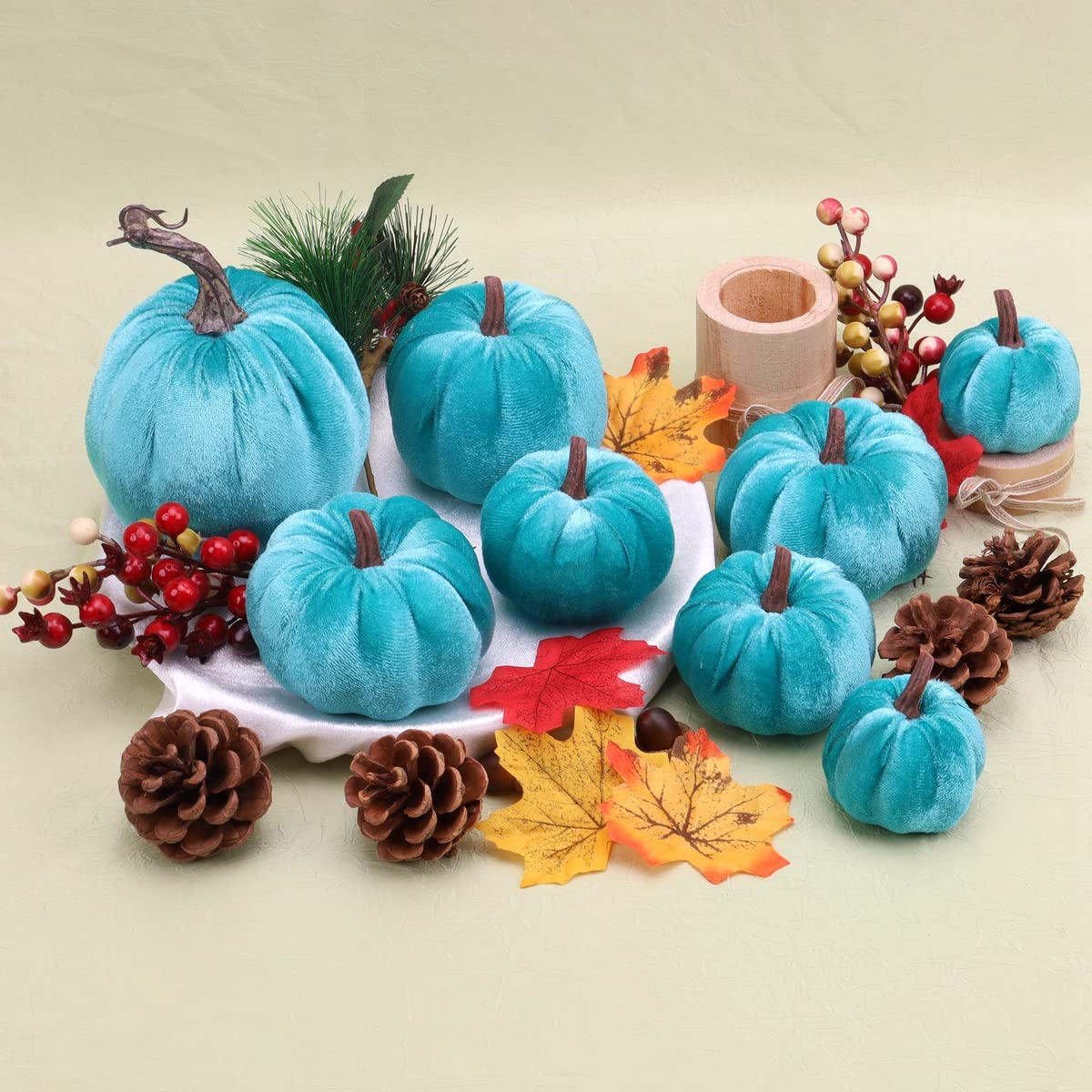 Zucche finte in velluto artificiale, blu, 8 pezzi, per Halloween, Ringraziamento, fatto a mano, per la casa, la cucina, la festa all'aperto