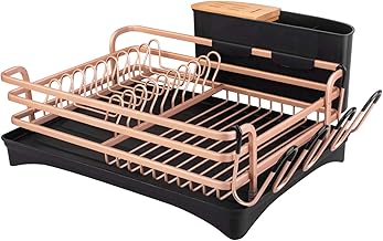 BRIAN & DANY Aluminum Dish Drying Rack, Dish Racks for Kitchen Counter, Dish Drainer with Removable Cutlery Holder & Cup Holder, Unique 360° Swivel Spout Drainboard, 16.5" L x 11.8" W, Golden