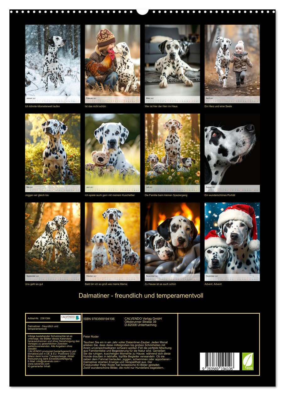 CALVENDO - Dalmatiner - freundlich und temperamentvoll (hochwertiger Premium Wandkalender 2027 DIN A2 hoch), Kunstdruck in Hochglanz: Unverwechselbare weiß-schwarze Fellfärbung – verbunden mit Familie