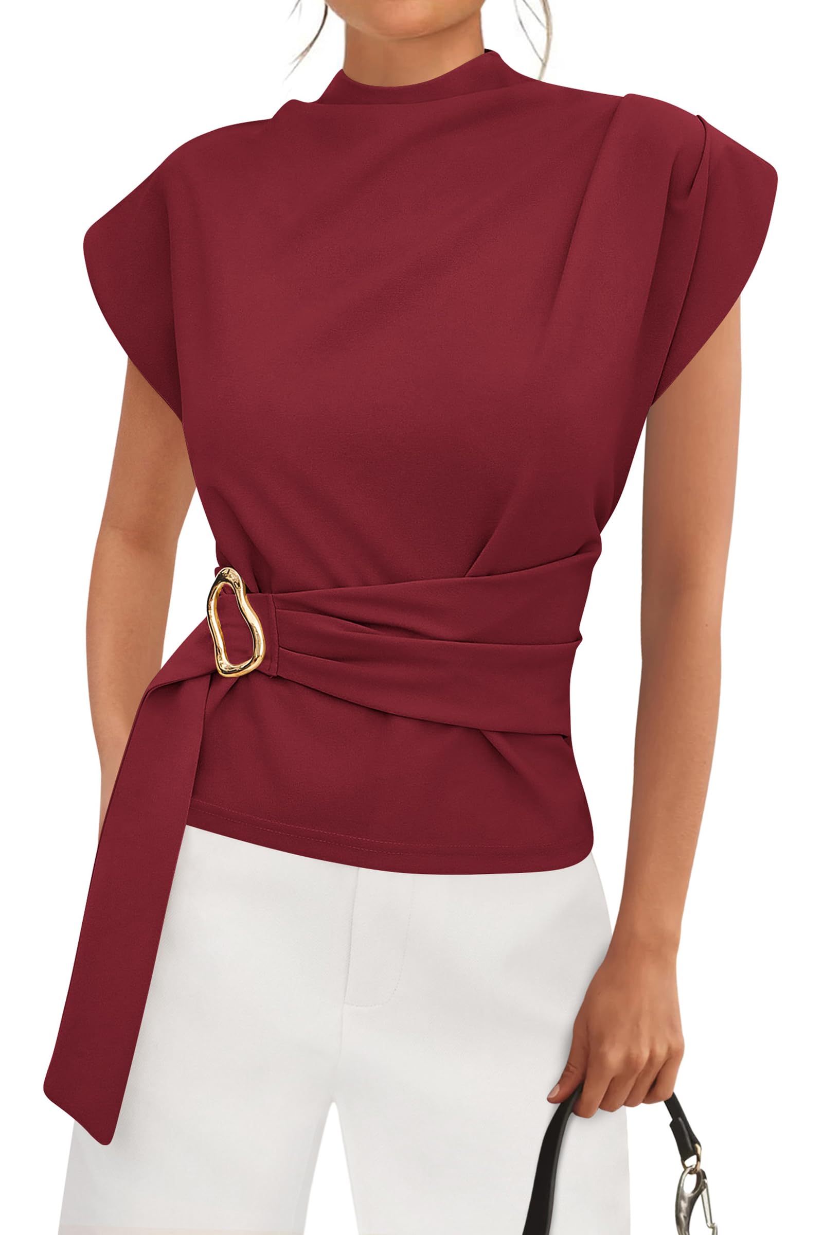 Women Blouses Spring Dressy Cap Sleeve Mock Neck Work Shirts Buckle Tunic Summer Business Casual Tops 2026