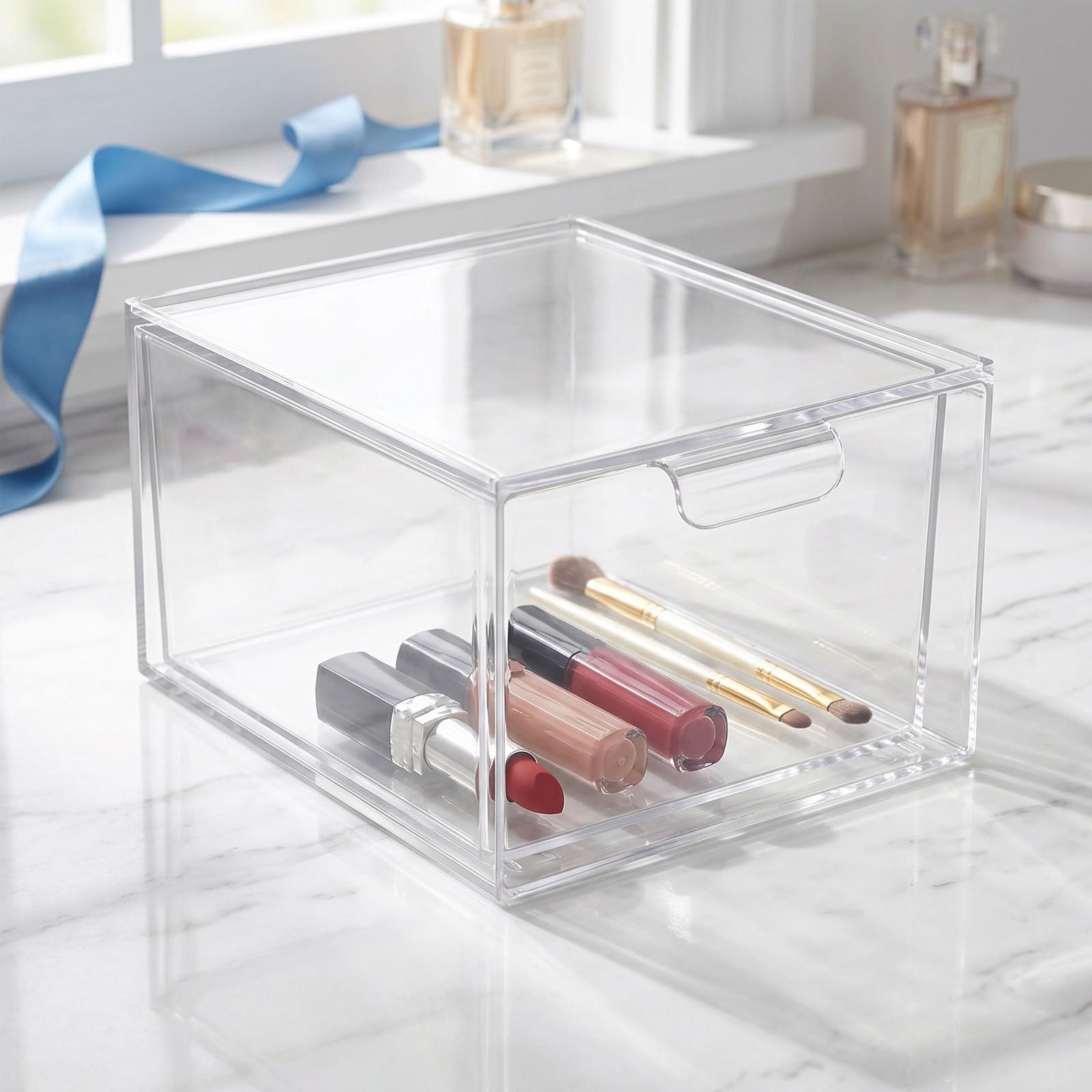 Alasum 4 Pezzi Organizer Trasparente Design Impilabile con Divisori Rimovibili e Maniglia in Pet per Collane e Rossetti per Uso Domestico e Cassetti da Ufficio