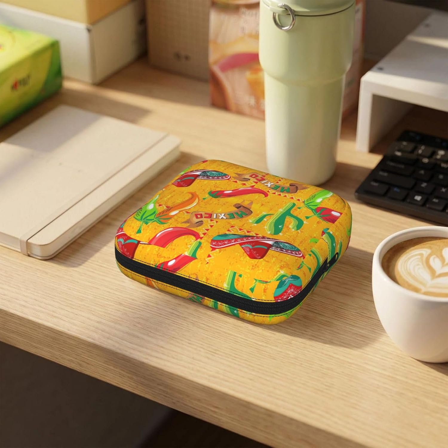 Cactus Hat And Chili Pepper Print Women Period Bag Sanitary Pouch Portable Pad Pouch Tampon Holder Small Zipper Pouch Storage Bag