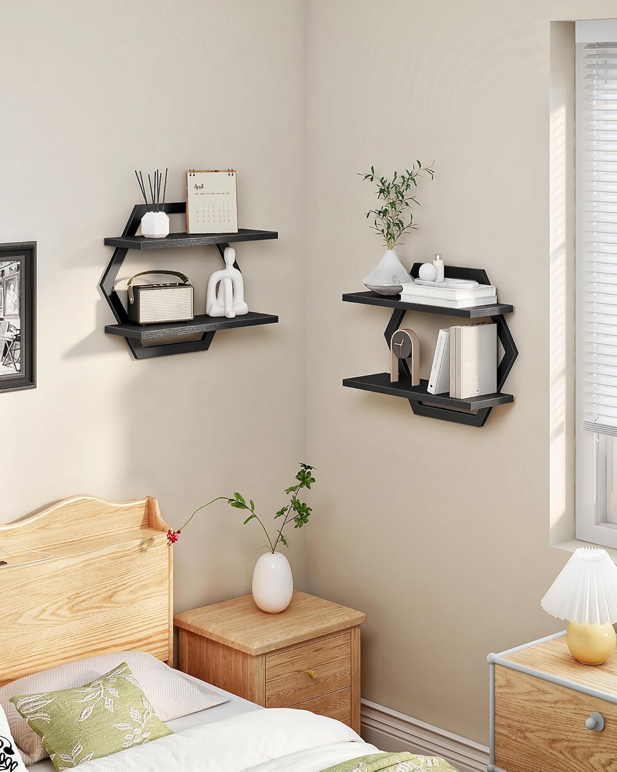 CHOEZON Hexagon Floating Shelves for Wall, Set of 2, 2 -Tier Hanging Shelves, Wall Mounted Storage Shelves, for Living Room, Bedroom, Kitchen, Home Office, Study, Black TBJ06P2BB