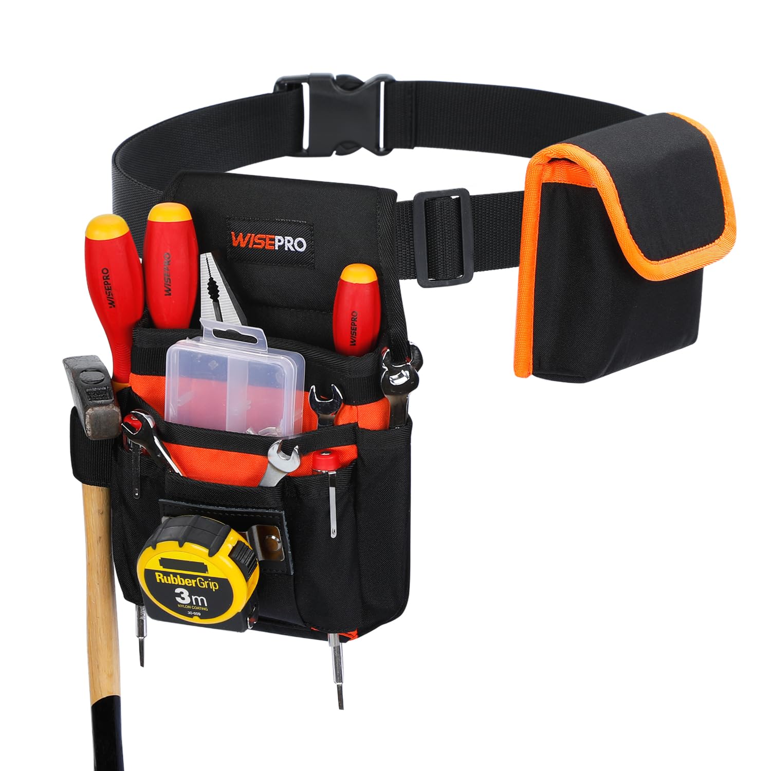 WISEPRO Tool Belt Bag, Waist Tool Pouch Set with Adjustable Nylon Belt, Multi-Pocket Tool Pouches 20-Pockets Tool Belt for Electrician, Carpenters, Gardeners, and Builders (Orange-Black)