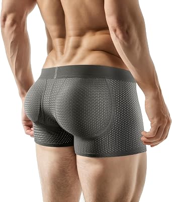 Mens Padded Underwear, Breathable Mesh Boxer Brief Body Shapewear Butt Lift Enhancer with Hip Removable Pad
