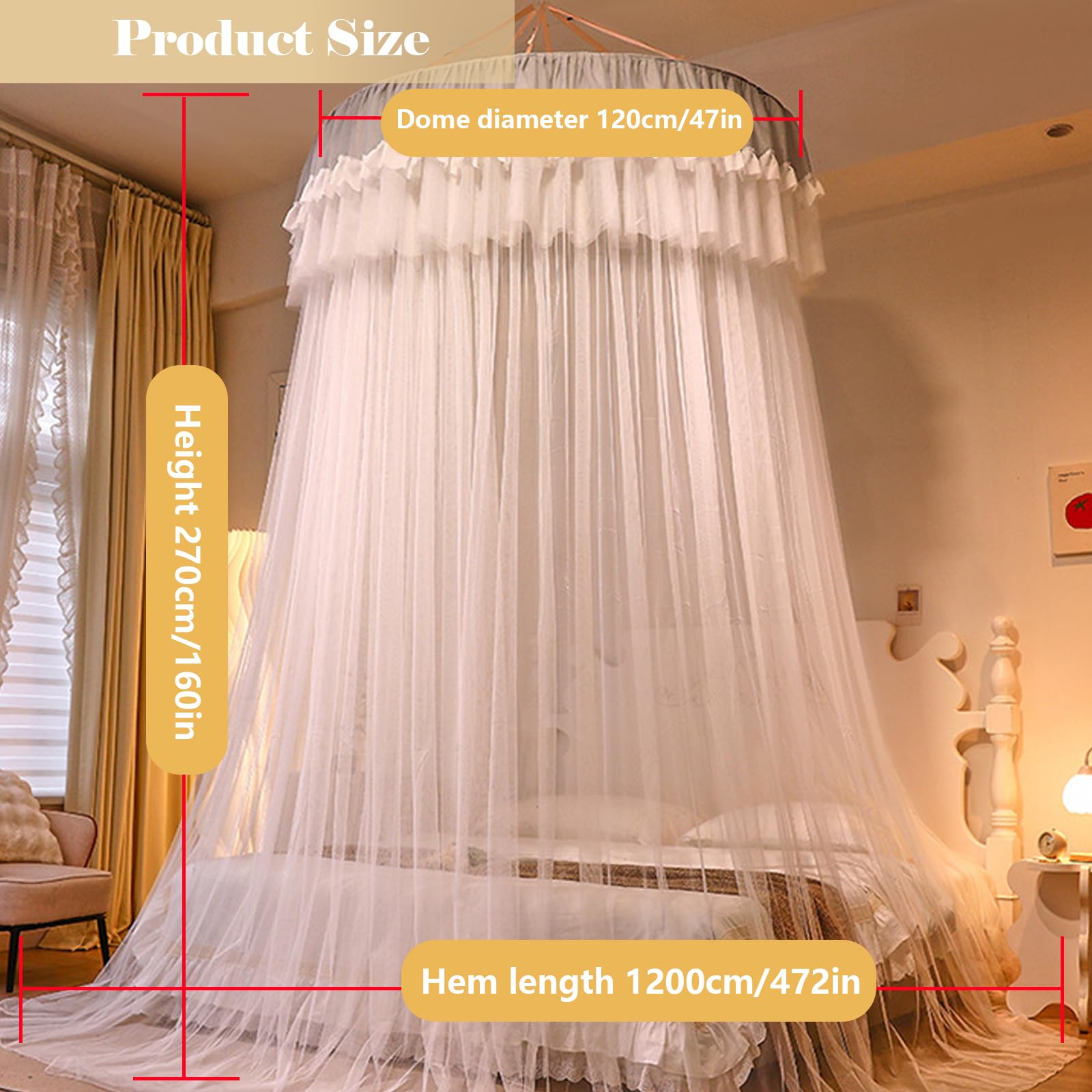 Rundes Spitzen Moskitonetz, Prinzessin Baldachin mit Rüschen, Hängendes Mückennetz Bett für Schlafzimmer Dekoration G 150 x 200cm