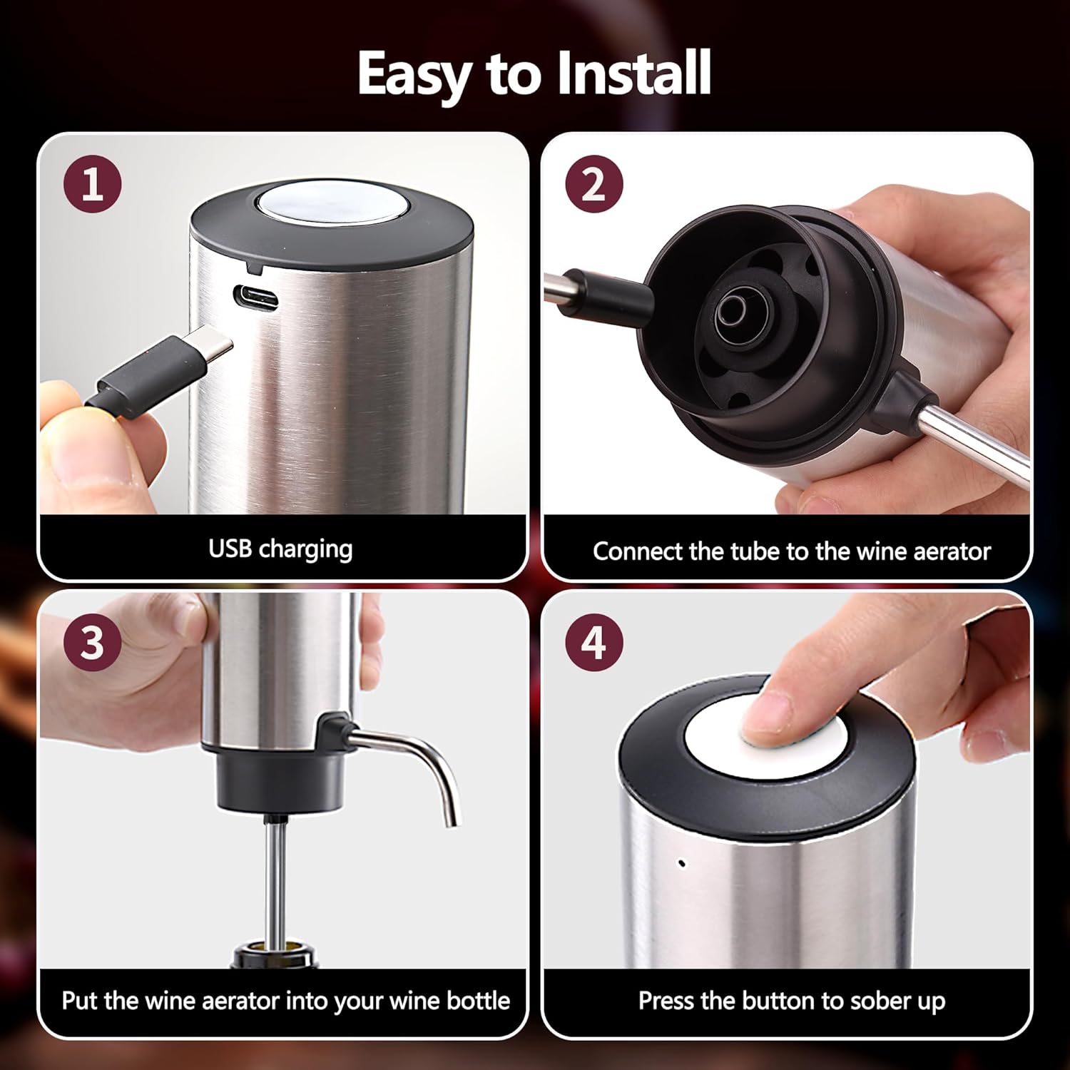 Electric Wine Aerator Wine Decanter Set Rechargeable Automatic Wine Dispenser Wine Pourer with Storage Base, Wine Stopper, Foil Cutter, Retractable Food Grade Stainless Steel Straw