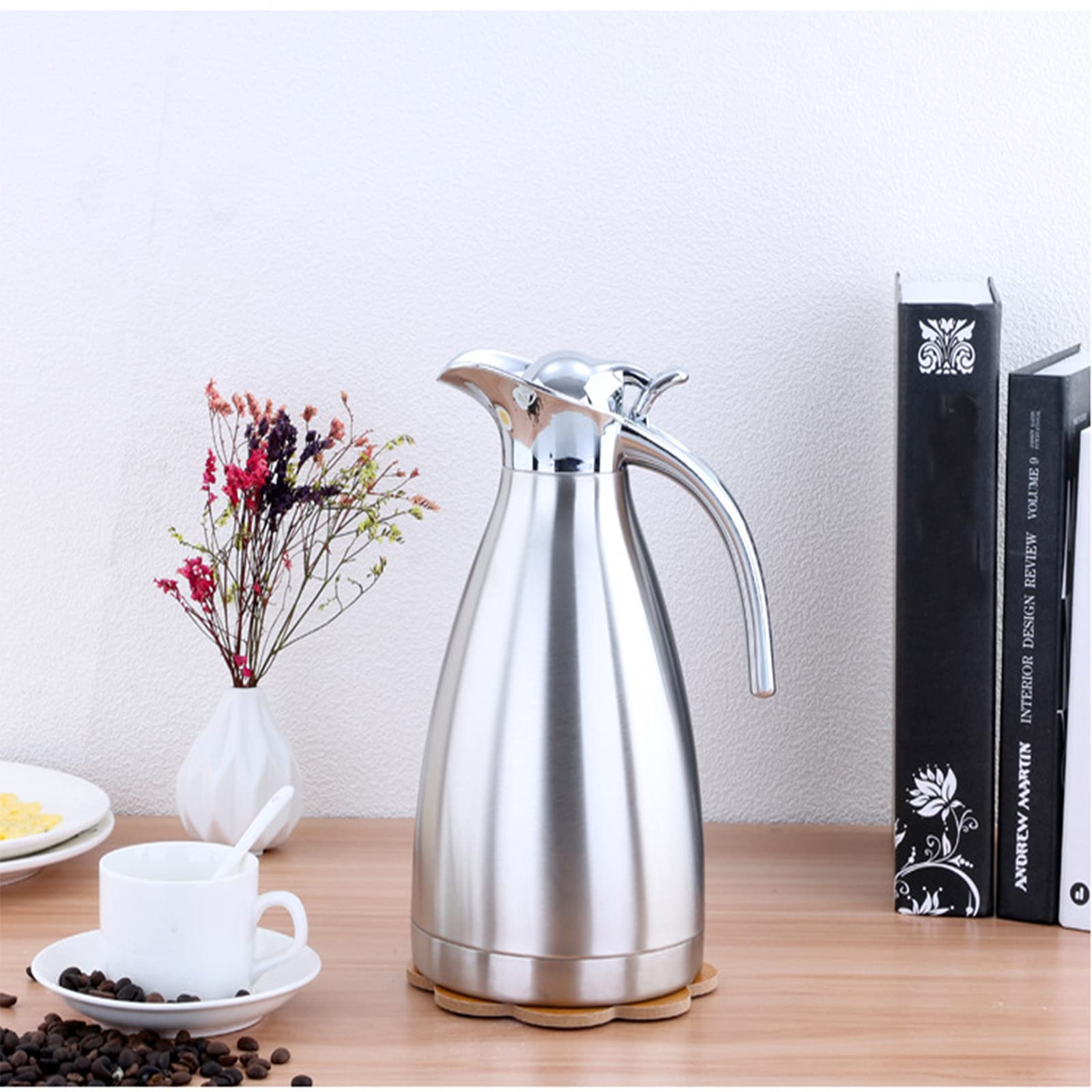 Caraffa Termica,thermos 2 litri,in Acciaio Inox 304 brocca/Thermos a Doppia Parete, isolata sotto Vuoto,per tè o caffè, chiusura a pressione, mantiene le bevande fredde e calde per 24 ore.