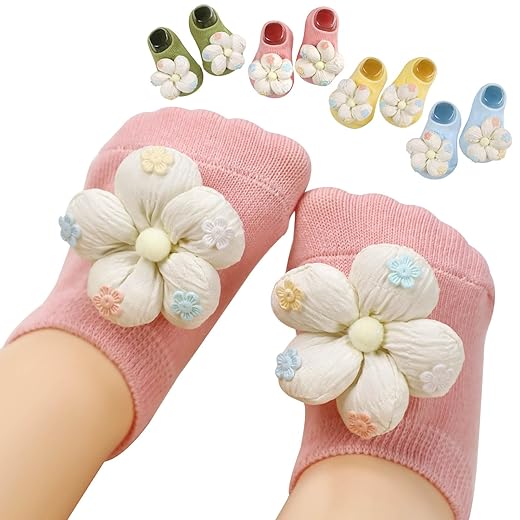 4Packs Baby Girls Socks,Flower Non-Slip Grips for Babies Toddler Princess Low Cut Ankle Socks for Girls