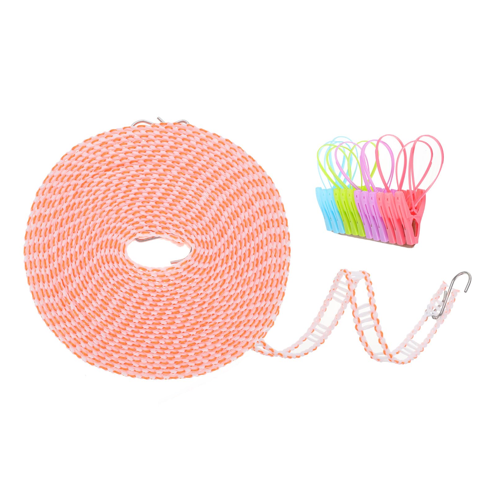 sourcing map Windproof Clothesline, 8M 26ft Plastic Non-Slip Clothes Drying Rope with 12 Clips, Portable Washing Line for Outdoor Camping Traveling, Orange