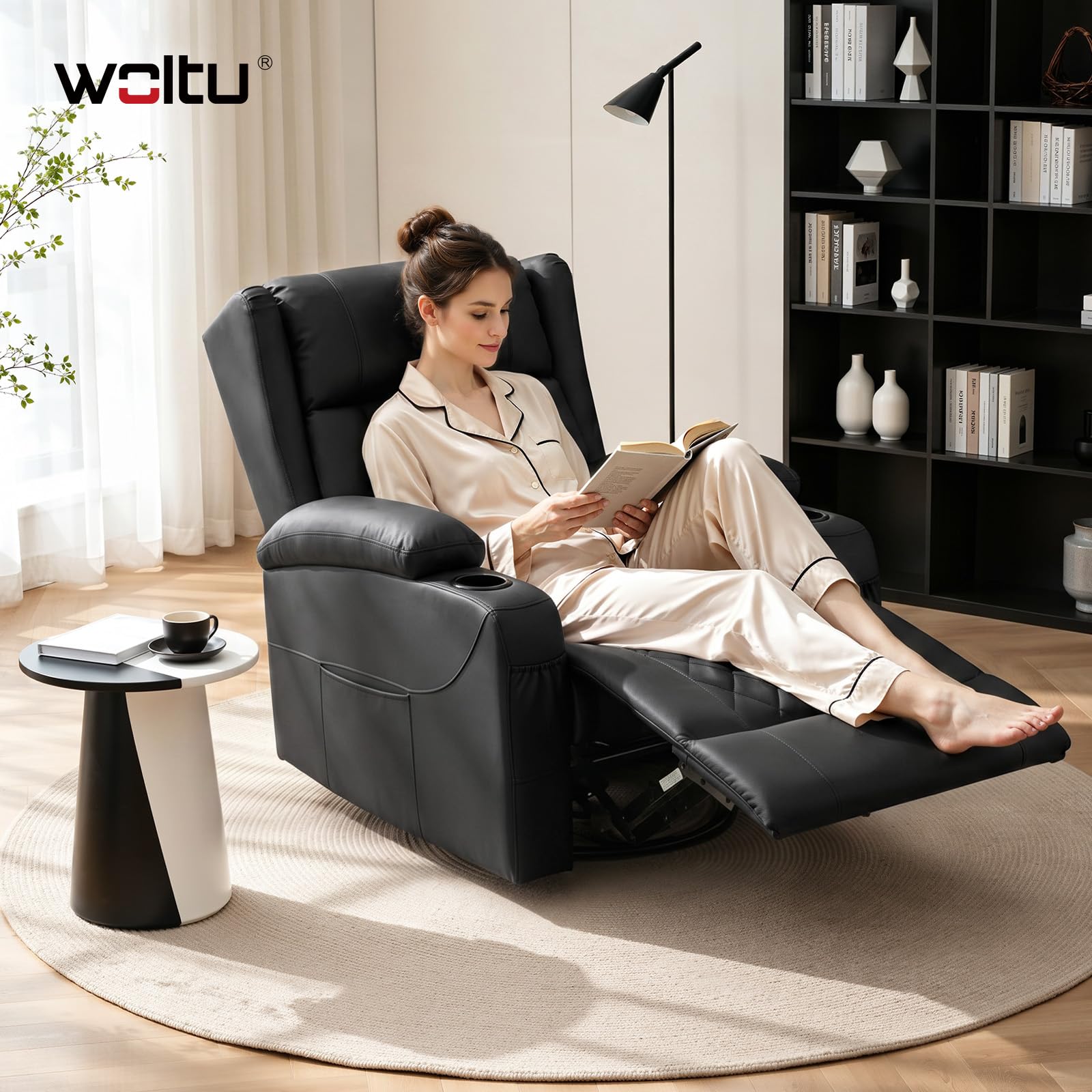 WOLTU Fauteuil Relax Pivotant à 360°, inclinable, Bascule, PU, Noir | Fauteuil TV, Dossier Inclinable, Bascule, Repose-Pieds, Poches Latérales et Porte-gobelet, Charge 150 kg