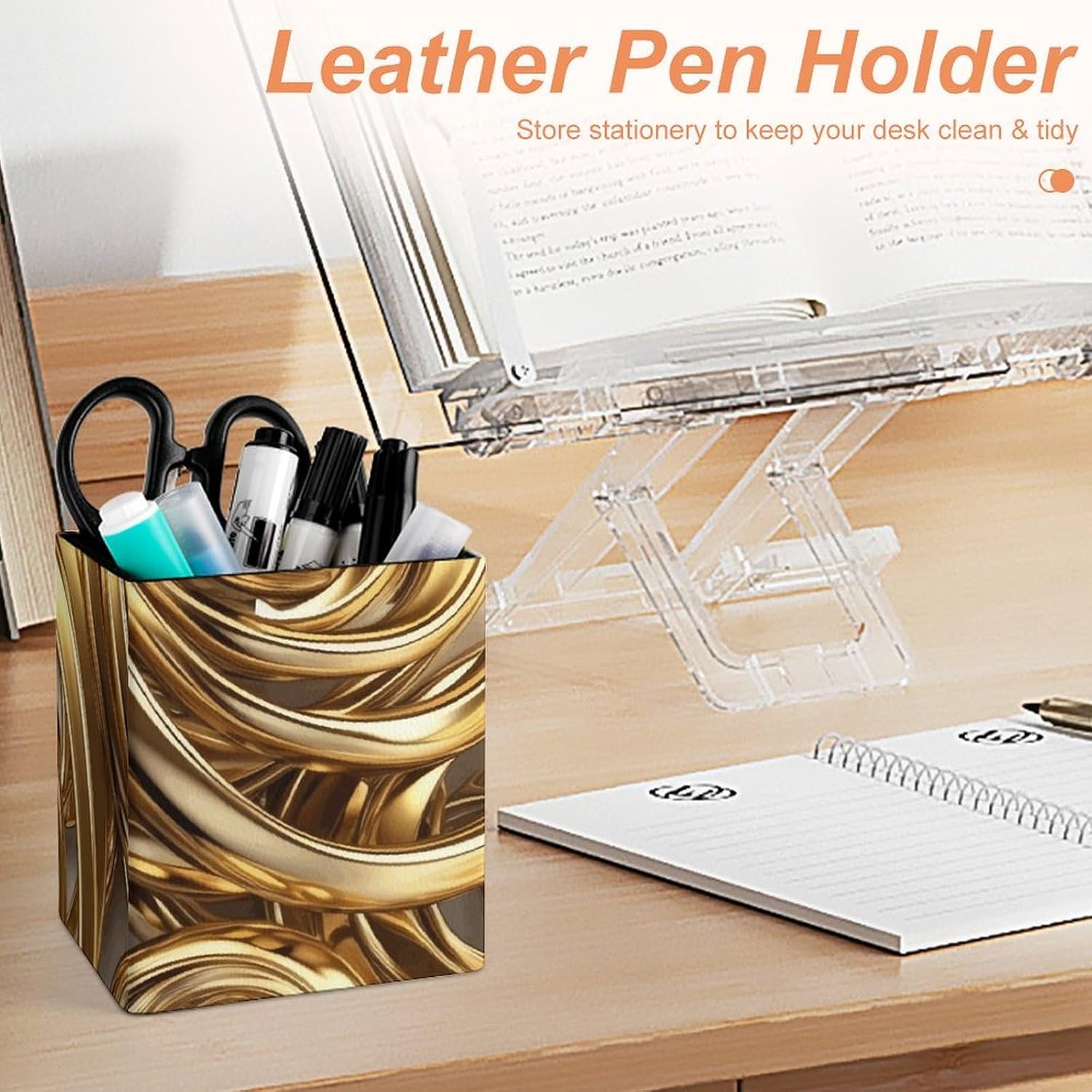 Golden Wire Spiral Pencil Holder for Desk Square Pen Holder Leather Pencil Cup Modern Makeup Brush Holder Desktop Caddy Stationery Organizer Desk Organizer for Home Office image 4