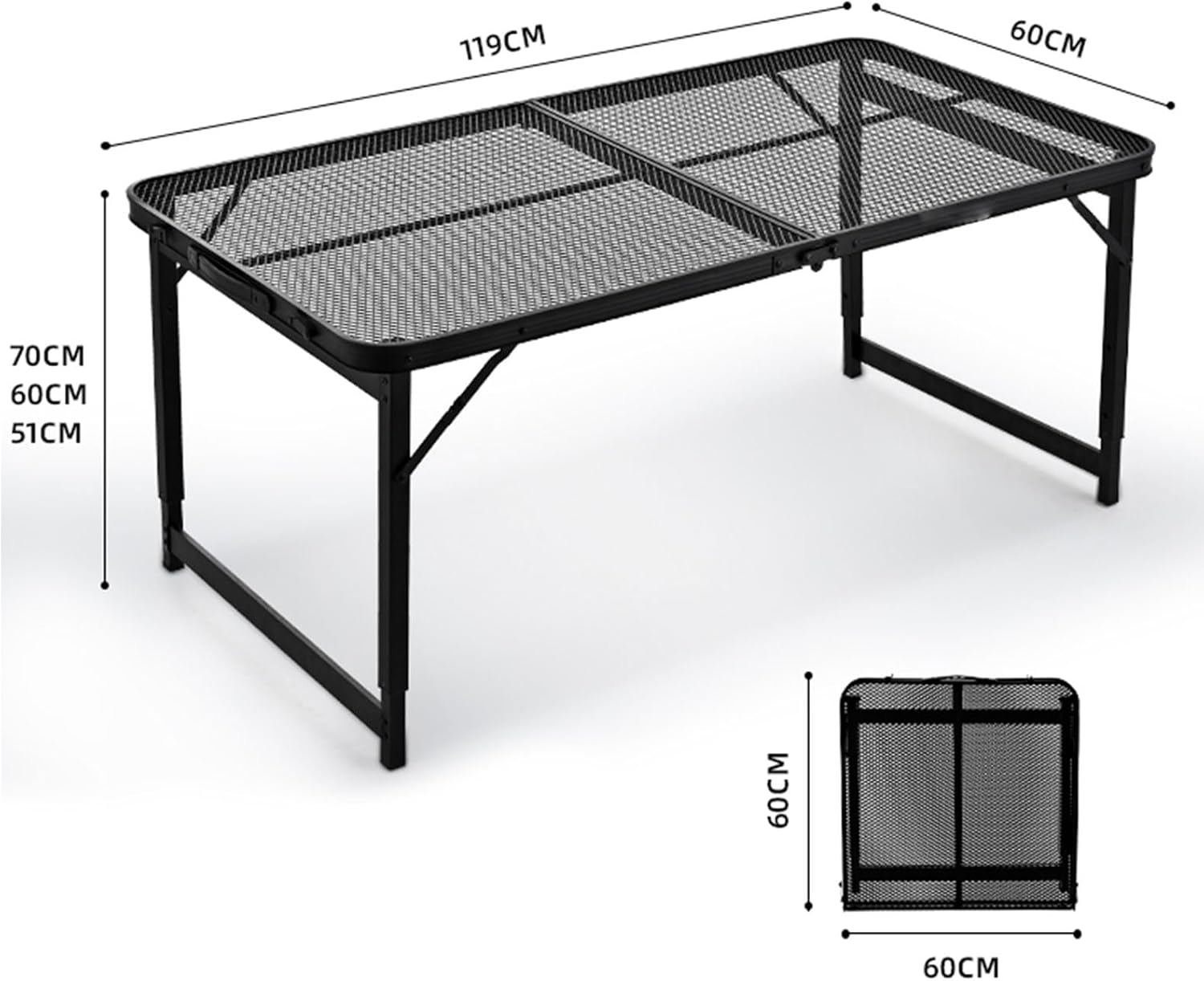 Foldable Table Portable Tables Folding Mesh Cut-Out Design Small Indoor Outdoor Adjustable Height Folding Table with Carrying Handle Camping Table