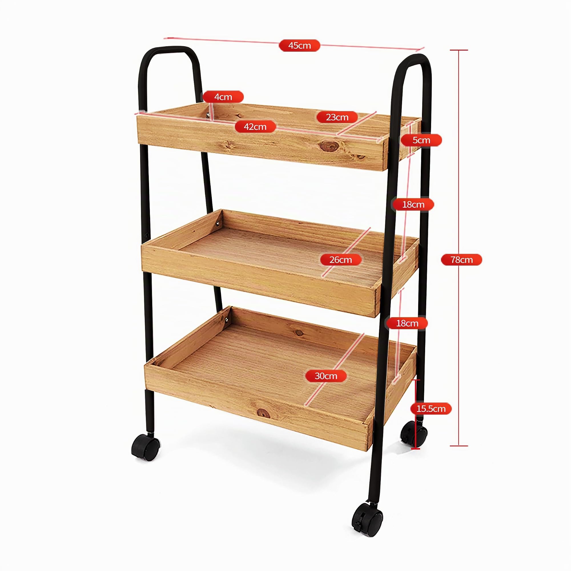 XZ-22321 Carrito de Almacenamiento de Madera y Metal Multiuso 45x30x78cm con 3 Estantes - Mueble Auxiliar para Almacenaje Ideal para Baño, Cocina, Salón