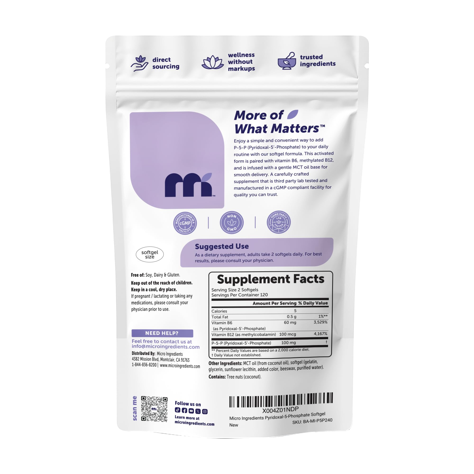 Micro Ingredients P5P 100mg Per Serving, 240 Softgels - Active Vitamin B6 with Methylated B12 - Made with MCT Oil - Supports Energy Metabolism & Brain Health* - Gluten Free & Non-GMO — Amazon image 6