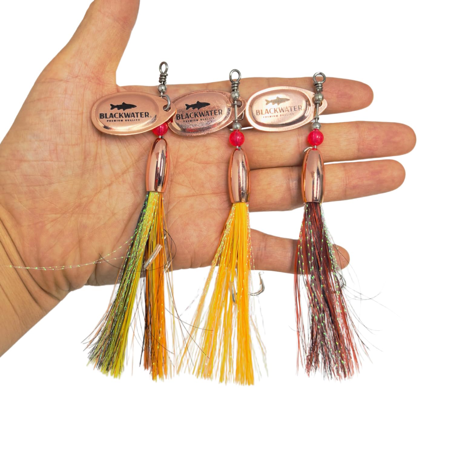Salmon Spinner Flytail Flying Lure C Red Black Yellow Bullet Head Bucktail 15g (Set of 3 Brass 15g)