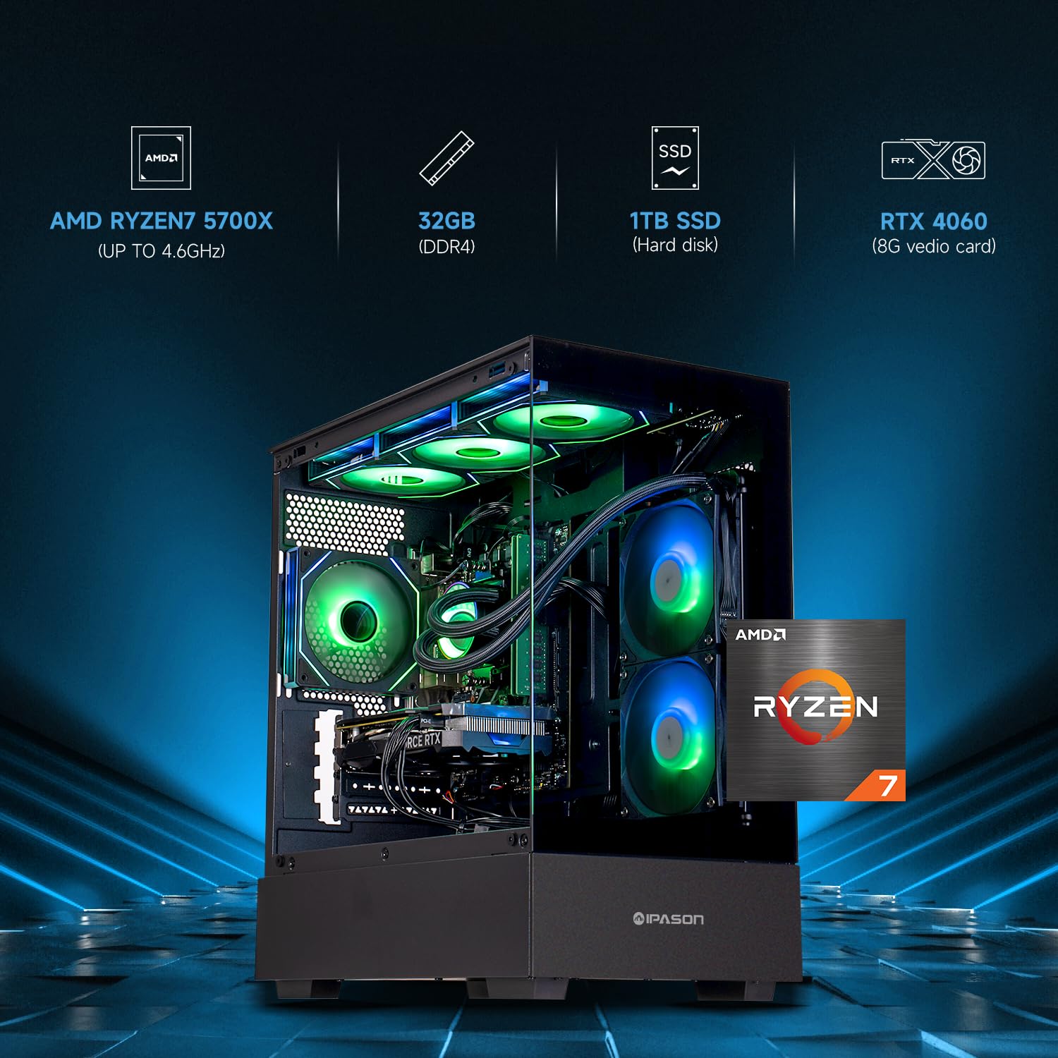 Amazon.com: IPASON Gaming Desktop, Ryzen 7 5700X, Geforce RTX4060