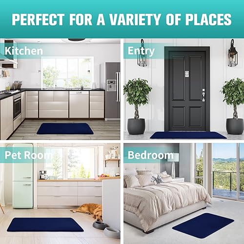 Miniatura 7 de Juego de 3 tapetes de baño de espuma viscoelástica, de terciopelo, ultra suaves, antideslizantes y absorbentes, lavables, color azul oscuro, patrón