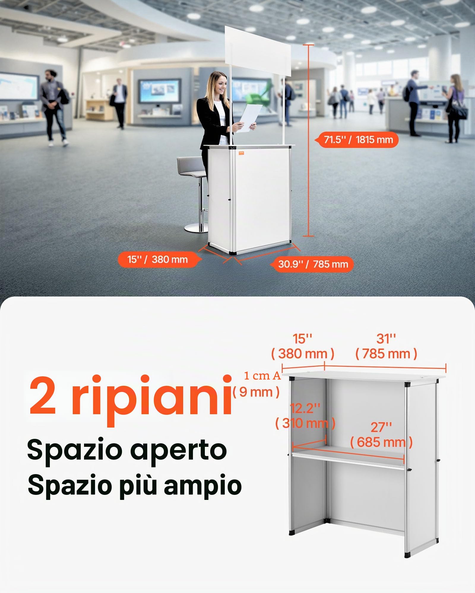 VEVOR Bancone Fieristico Portatile, 785 x 380 x 1815mm Stand Fieristico Bancone Espositivo, Tavolo da Bar Pieghevole Promozionale per Vendita al Dettaglio
