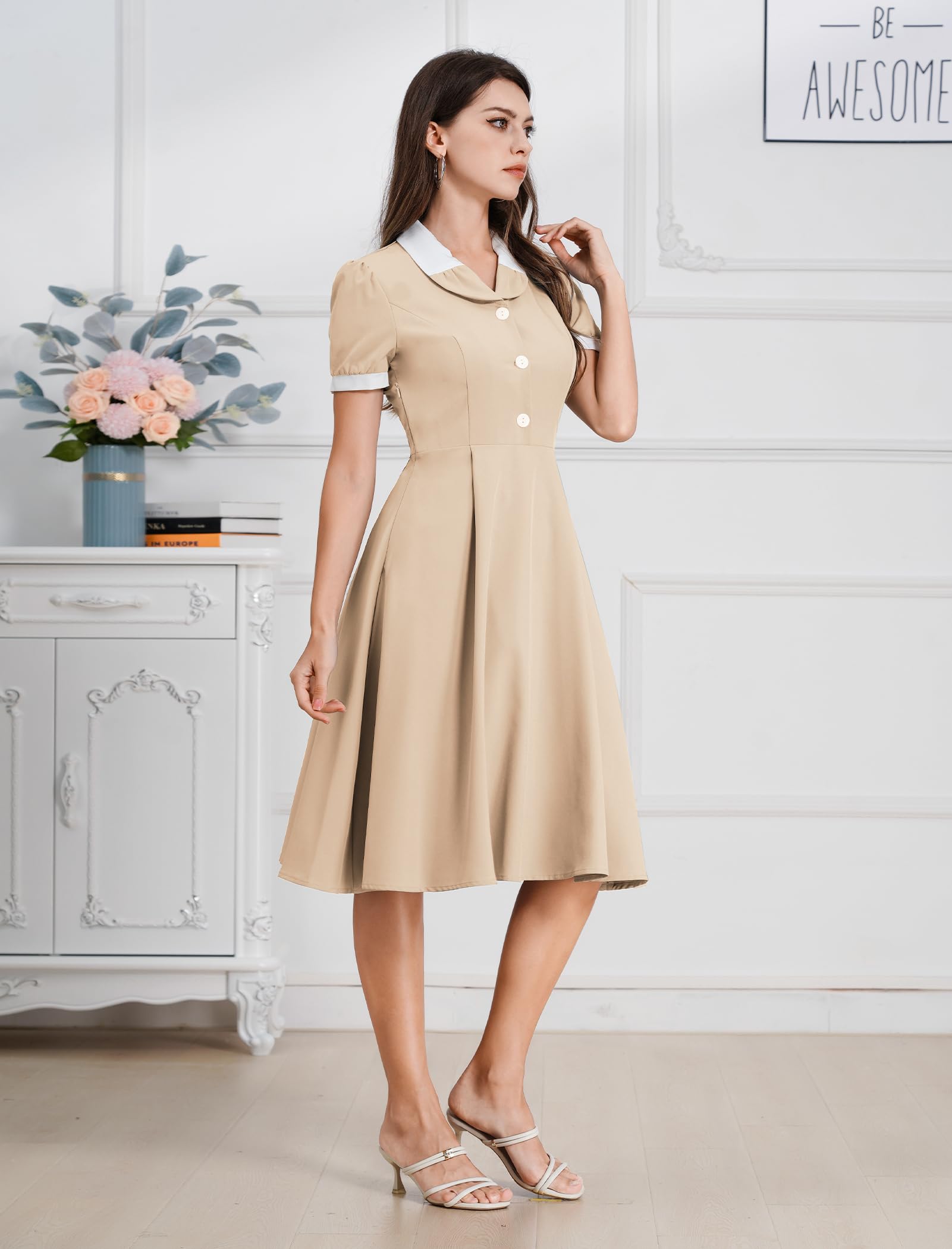 Robe vintage des années 1950 pour femme - Manches courtes - Col à revers - Style rétro rockabilly - Pour cocktail, fête