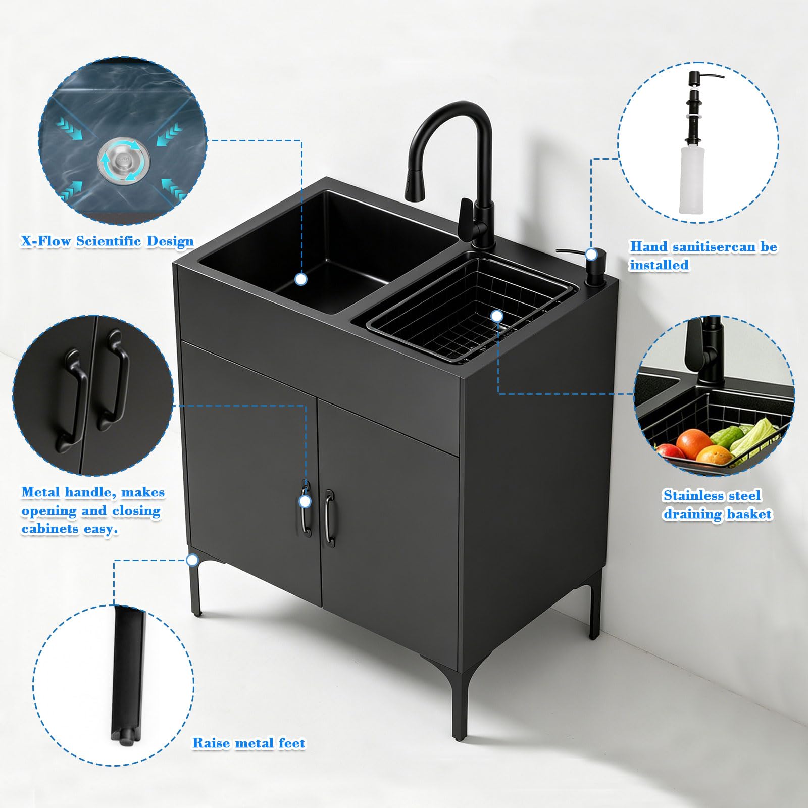 Spülenschrank mit Spüle und Armatur Edelstahl Gewerbliche Spültisch Doppelbecken Küchenspüle mit Entwässerungskorb und Abflusseinheit für Outdoor Küche und Camping Waschbecken (Schwarz, 81*43*85cm)