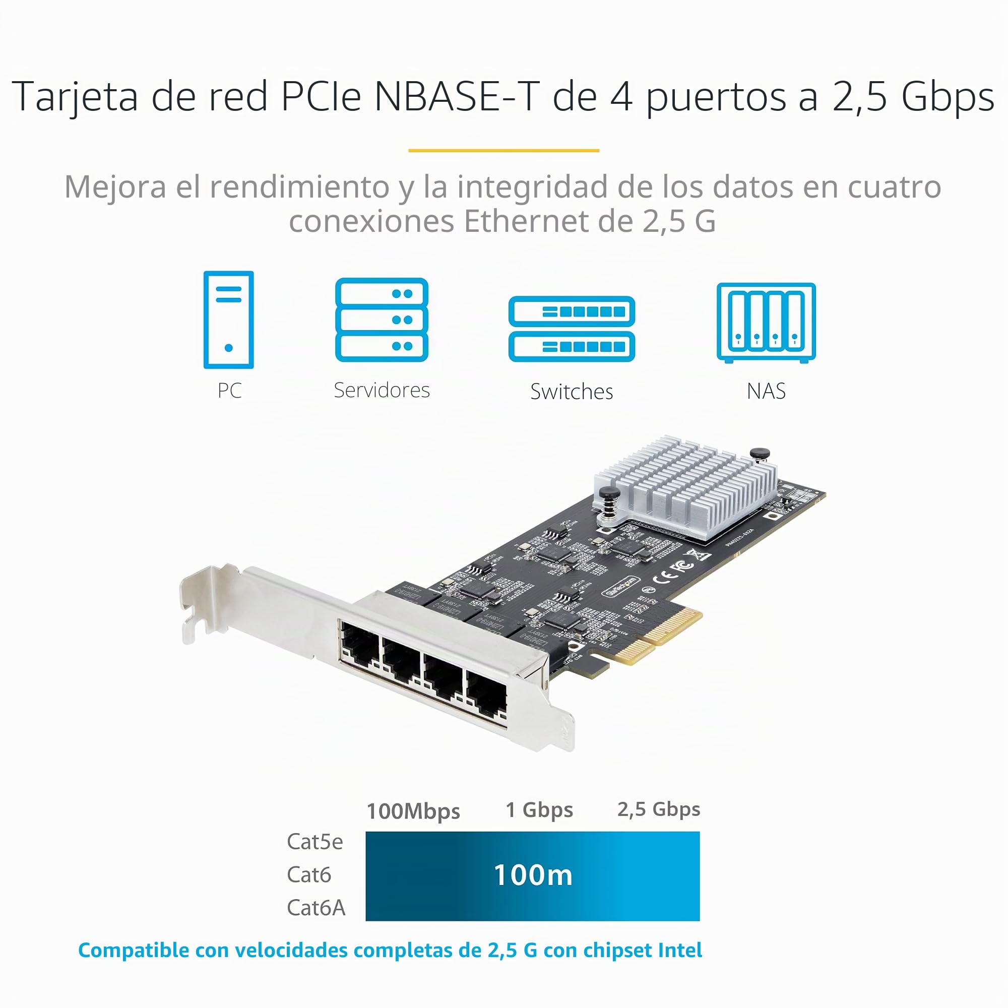 StarTech Tarjeta de Red PCIe 4 Puertos 2,5G I225-V (PR42GI-NETWORK-CARD) | Multigigabit sobre cableado Cat5e/Cat6, Compatible con NBASE-T 802.3bz, PCI Express 2.0