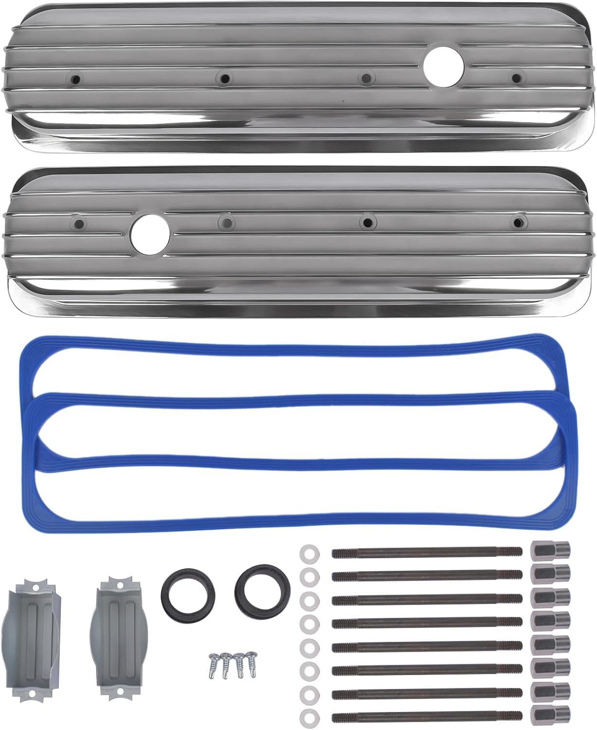 Finned Polished Aluminum Center Bolt Valve Covers Short Style Replacement for Chevy Small Block 5.0L 5.7L 283 305 350 Engines 1987-1997