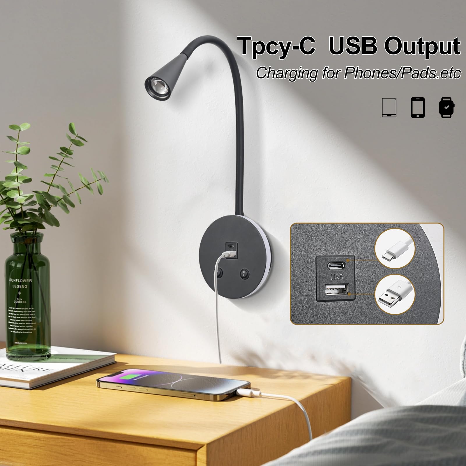 Book Lights for Reading at Night, LED Wall Mounted Reading Light, Flexible Gooseneck Wall Lamps for Bedroom, Plug in Wall Lights with USB Charging, Bedside Wall Sconces Focused Bed Lamp (Black)